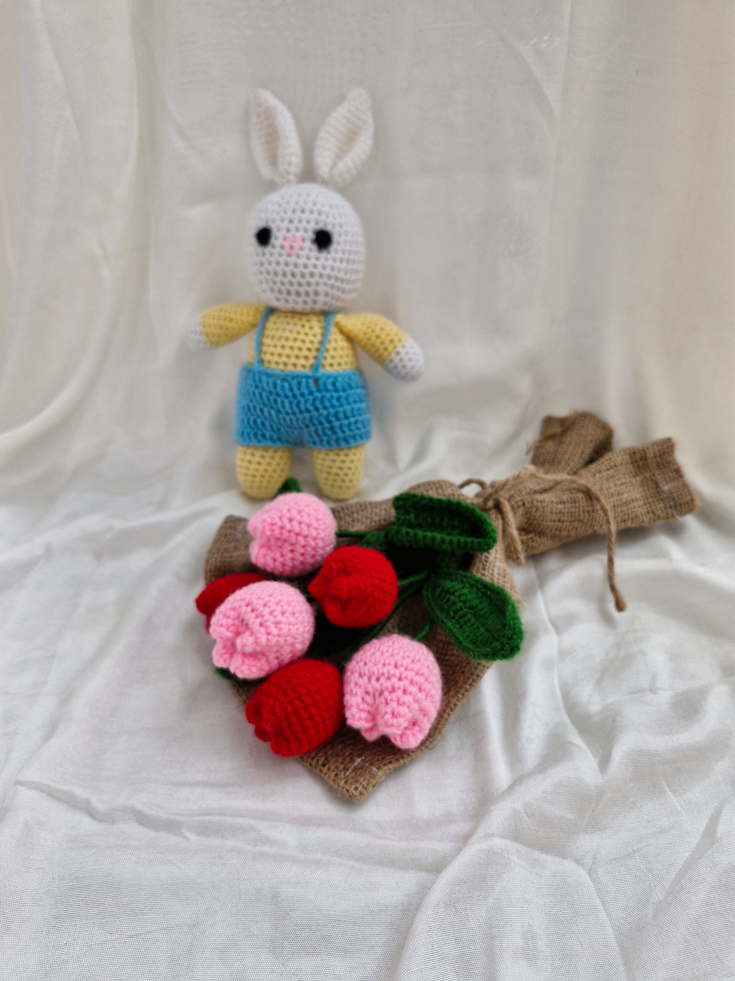Handmade Flower Bouquet- Set of 3 red tulip+3 pink tulip and 1 bunny toy