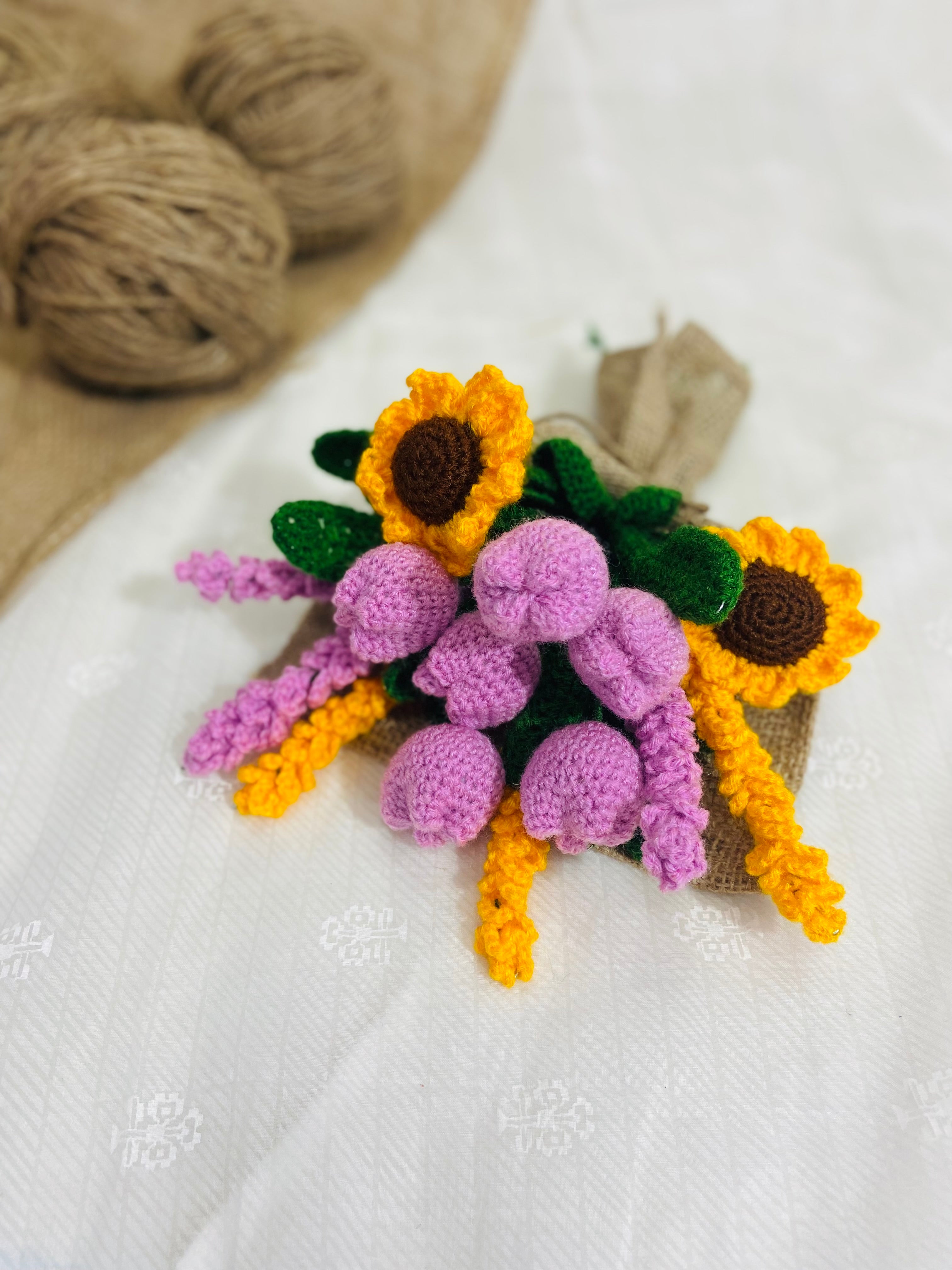Everlasting Handmade flower bouquet - Set of 6 tulip, 2 sunflower, 3 lavender, 3 yellow lavender