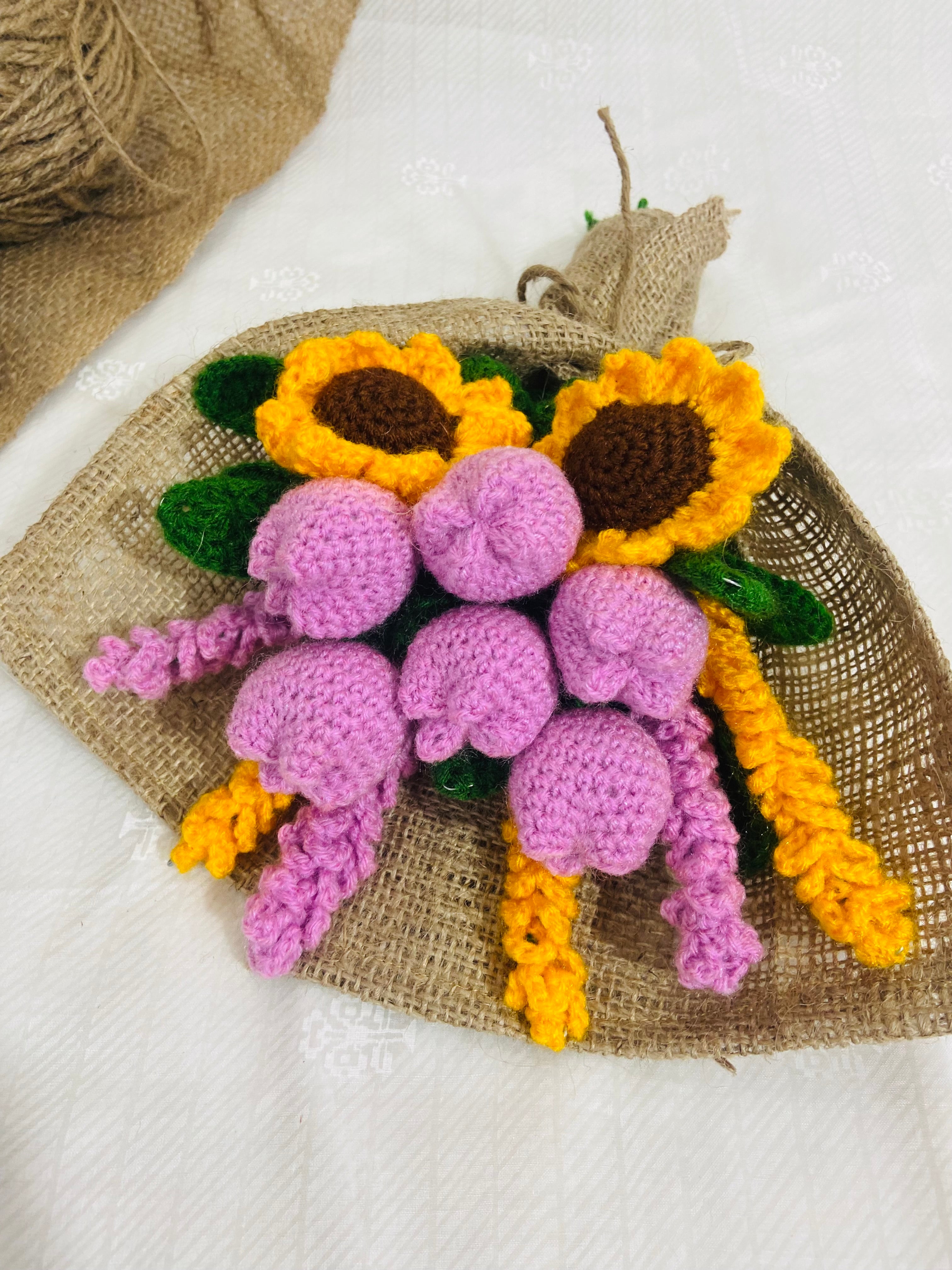 Everlasting Handmade flower bouquet - Set of 6 tulip, 2 sunflower, 3 lavender, 3 yellow lavender