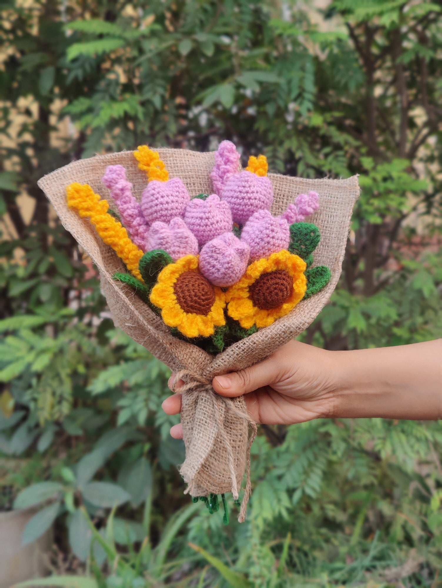 Everlasting Handmade flower bouquet - Set of 6 tulip, 2 sunflower, 3 lavender, 3 yellow lavender