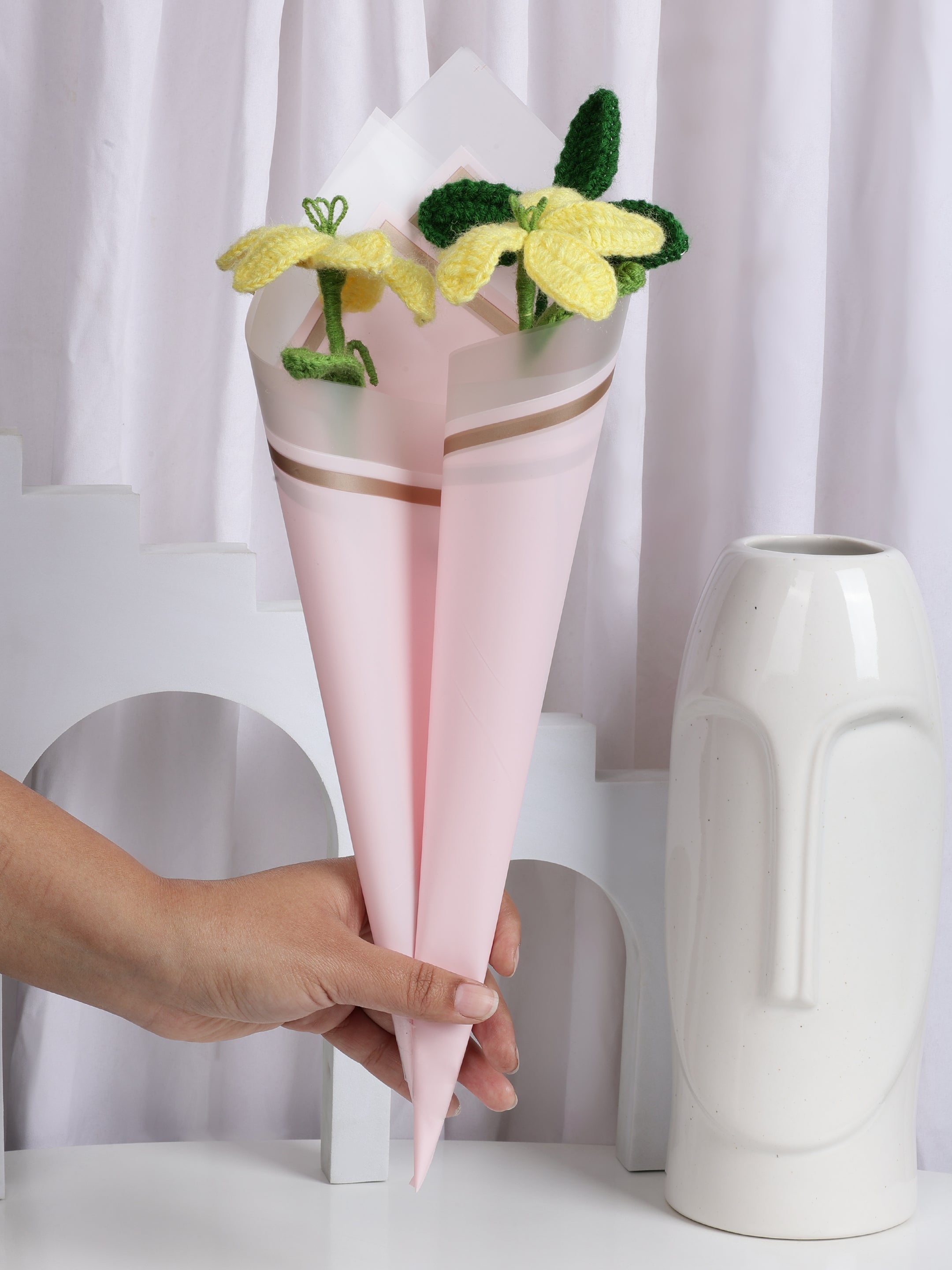 Crochet Handmade Yellow Lily And Green Leaf Bouquet- 3 steam