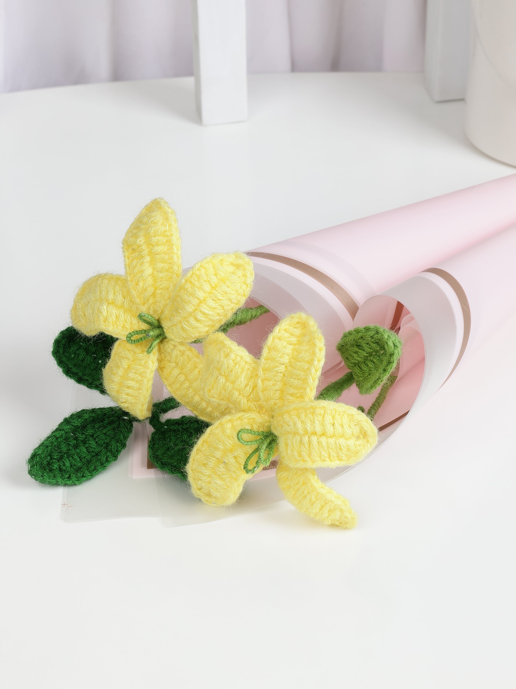 Crochet Handmade Yellow Lily And Green Leaf Bouquet- 3 steam