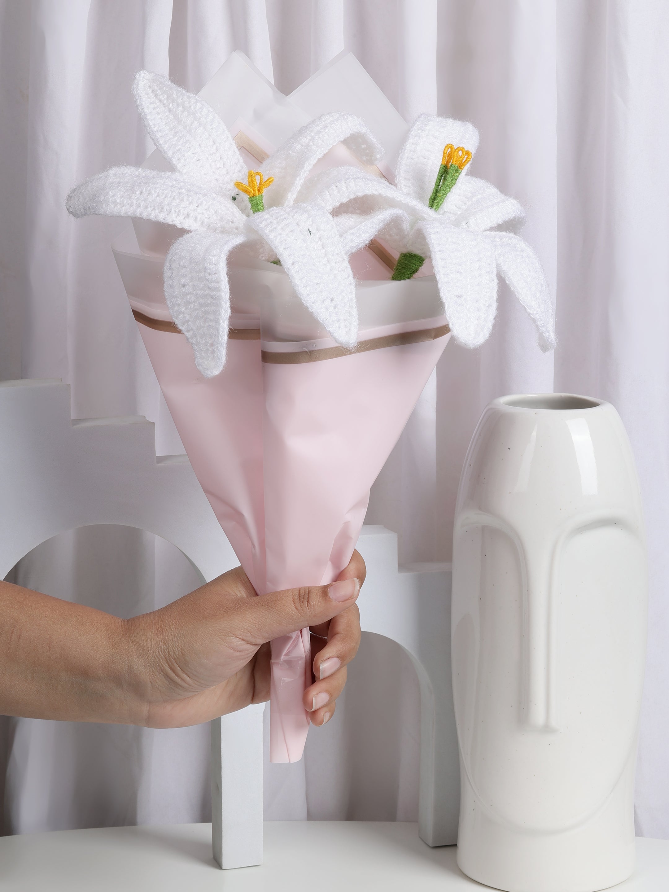 Crochet Handmade Bouquet White Lily- 2 steam