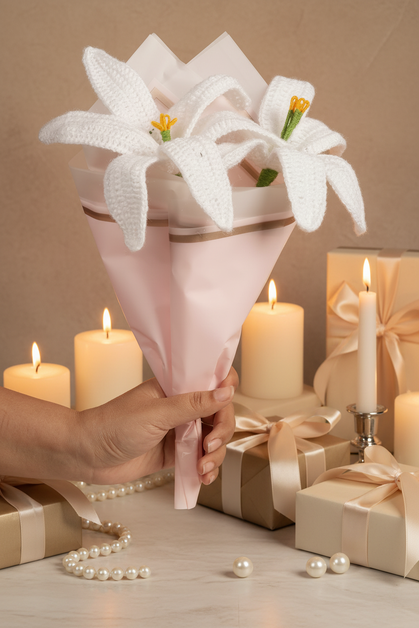Crochet Handmade Bouquet White Lily- 2 steam