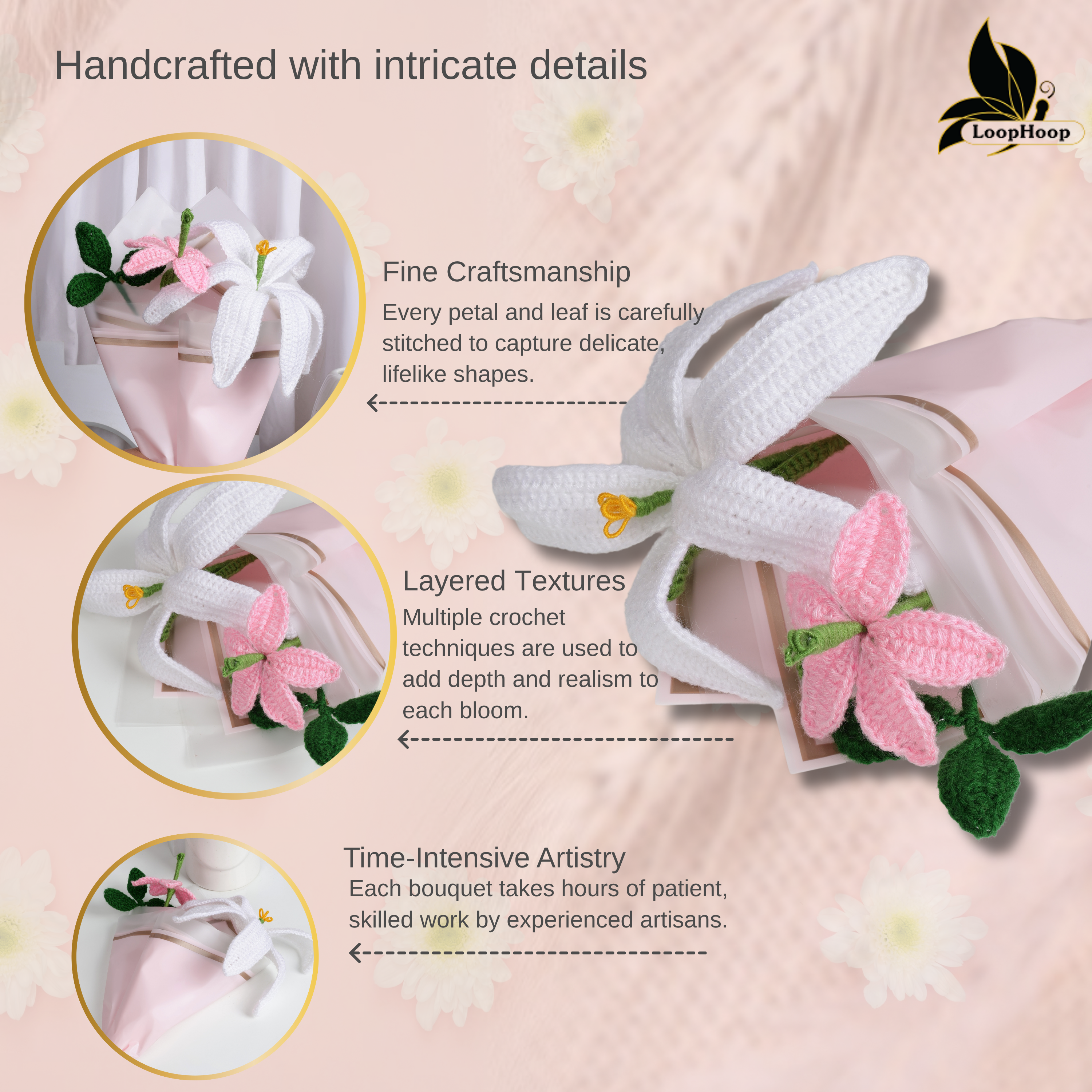Crochet Handmade White ,pink Lily   Bouquet- 3 steam