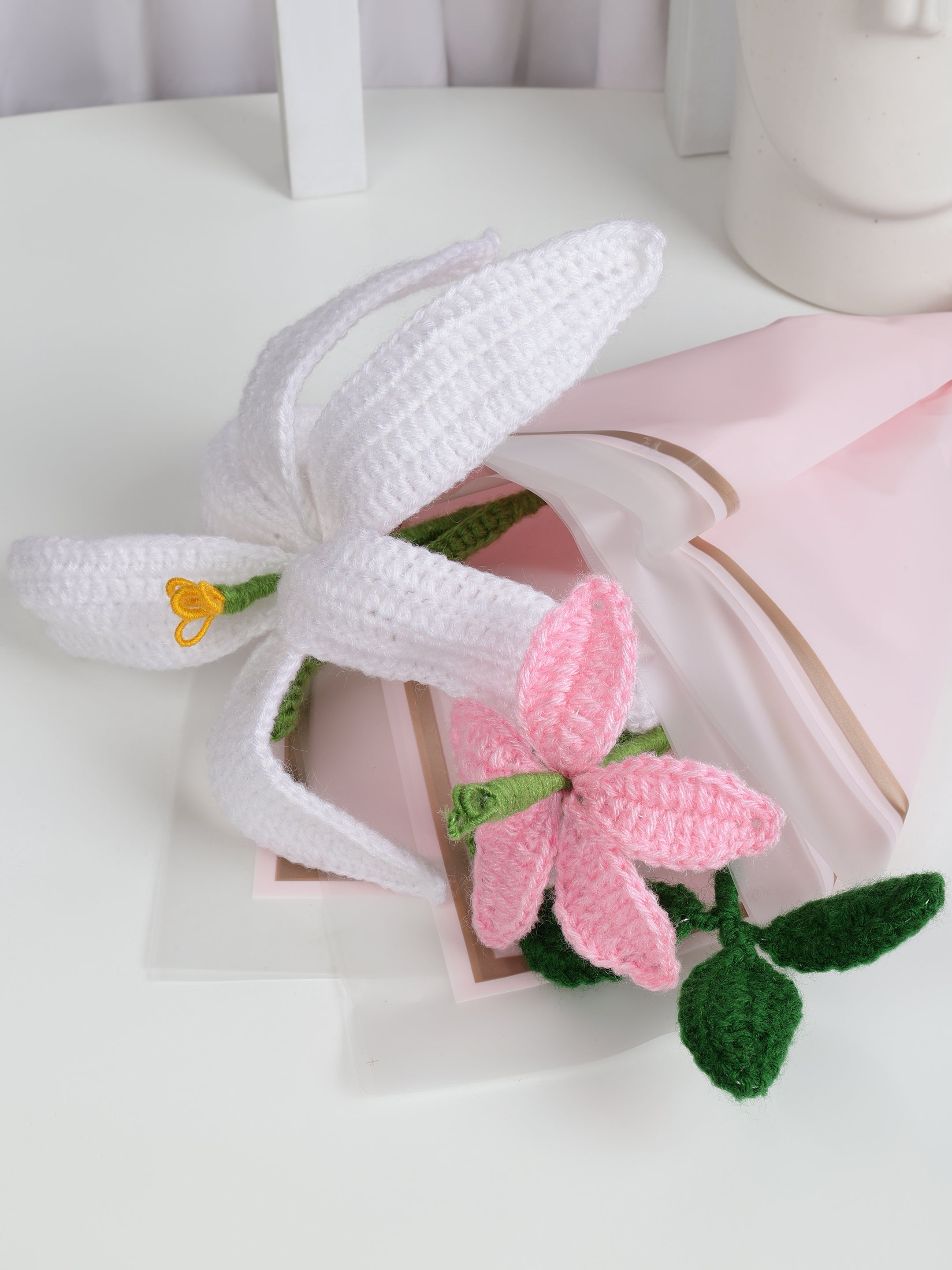 Crochet Handmade White ,pink Lily   Bouquet- 3 steam