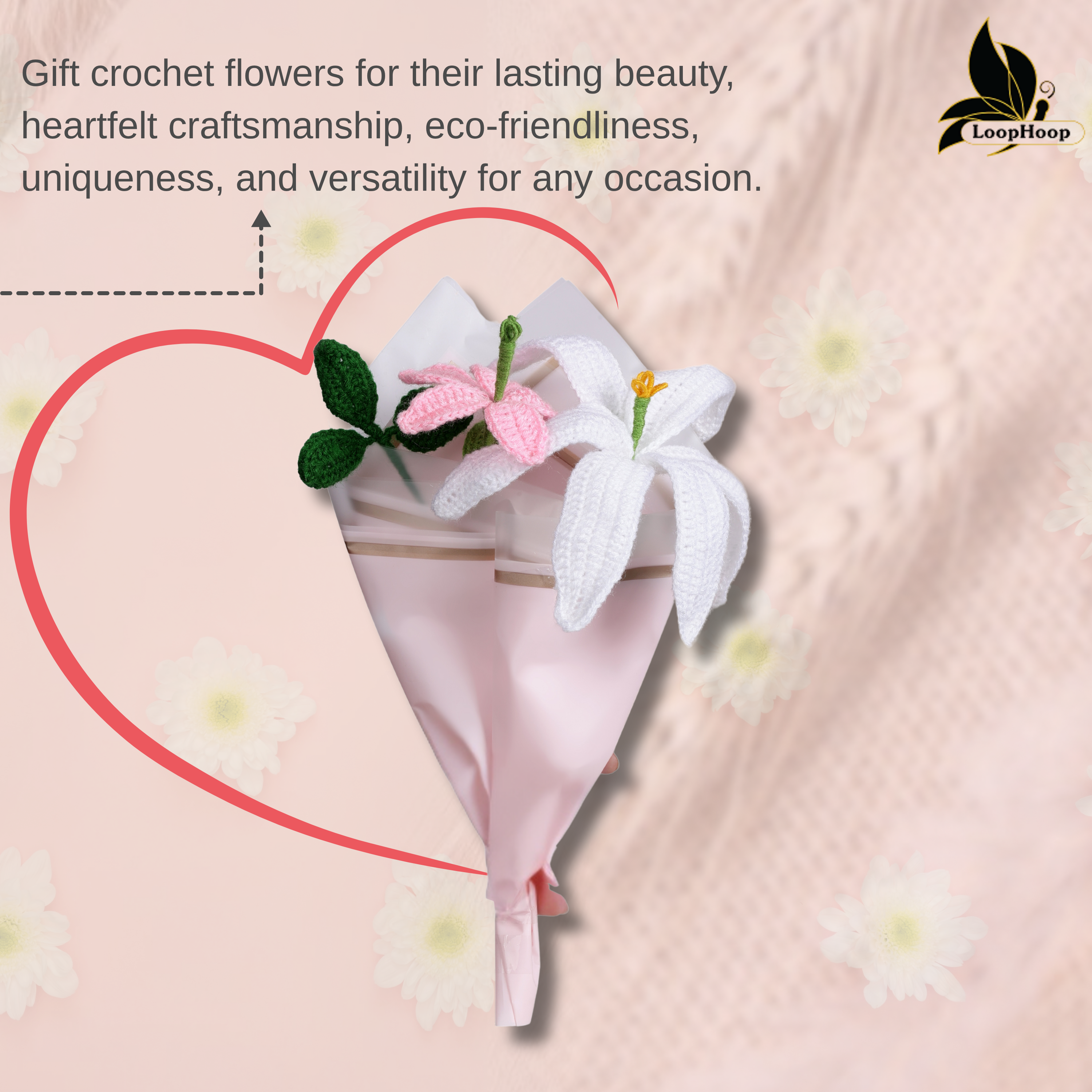 Crochet Handmade White ,pink Lily   Bouquet- 3 steam