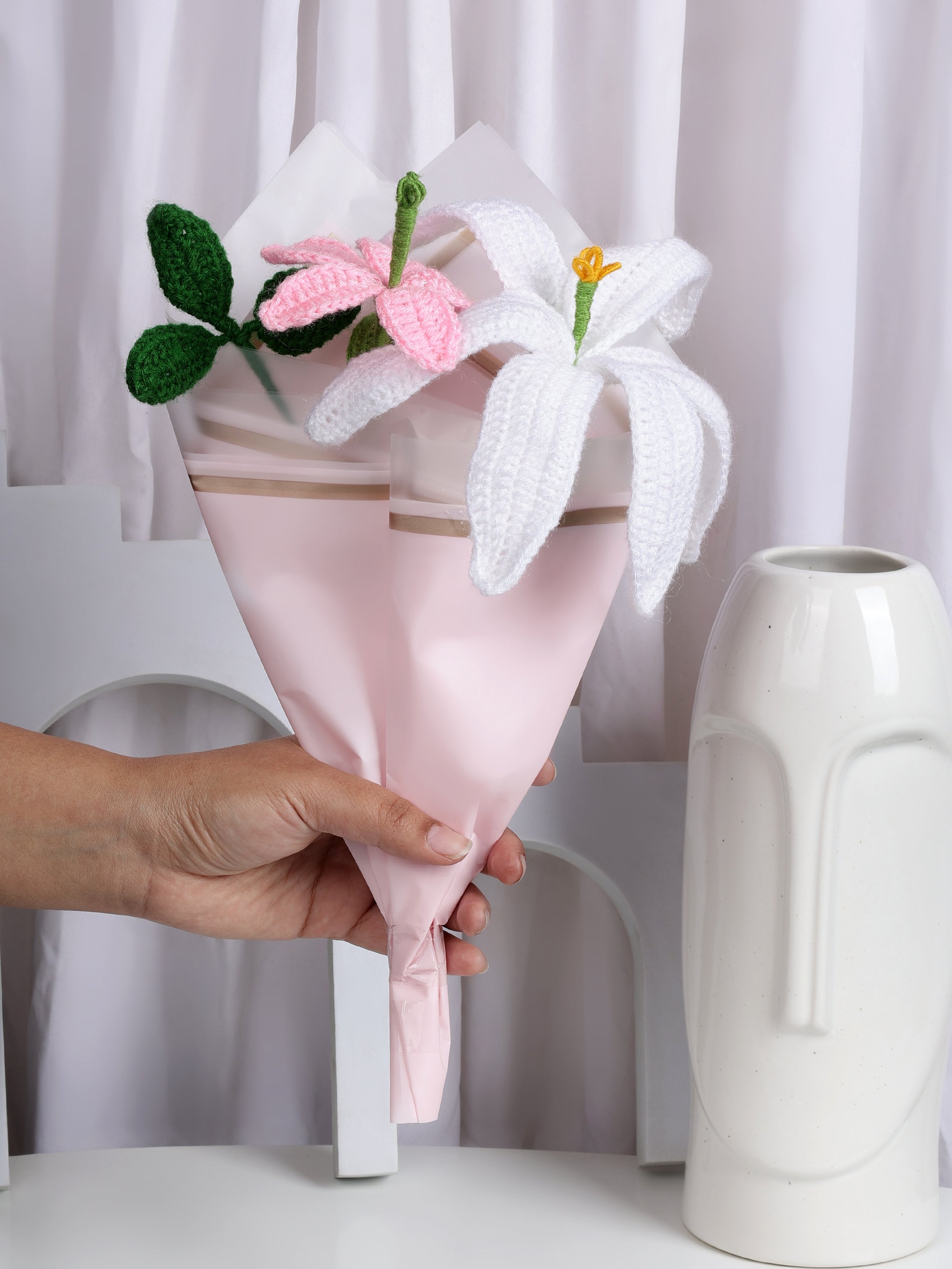 Crochet Handmade White ,pink Lily   Bouquet- 3 steam