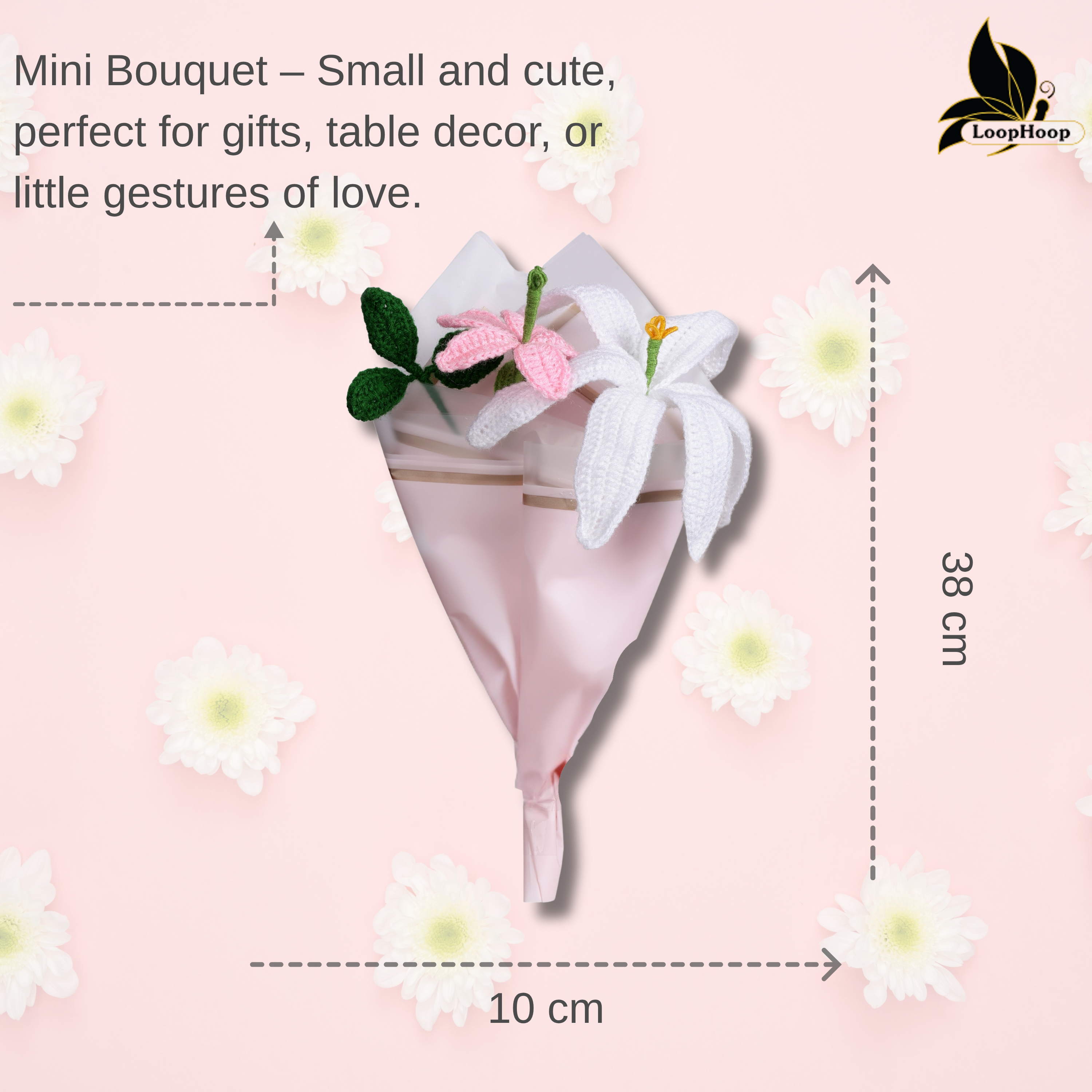 Crochet Handmade White ,pink Lily   Bouquet- 3 steam