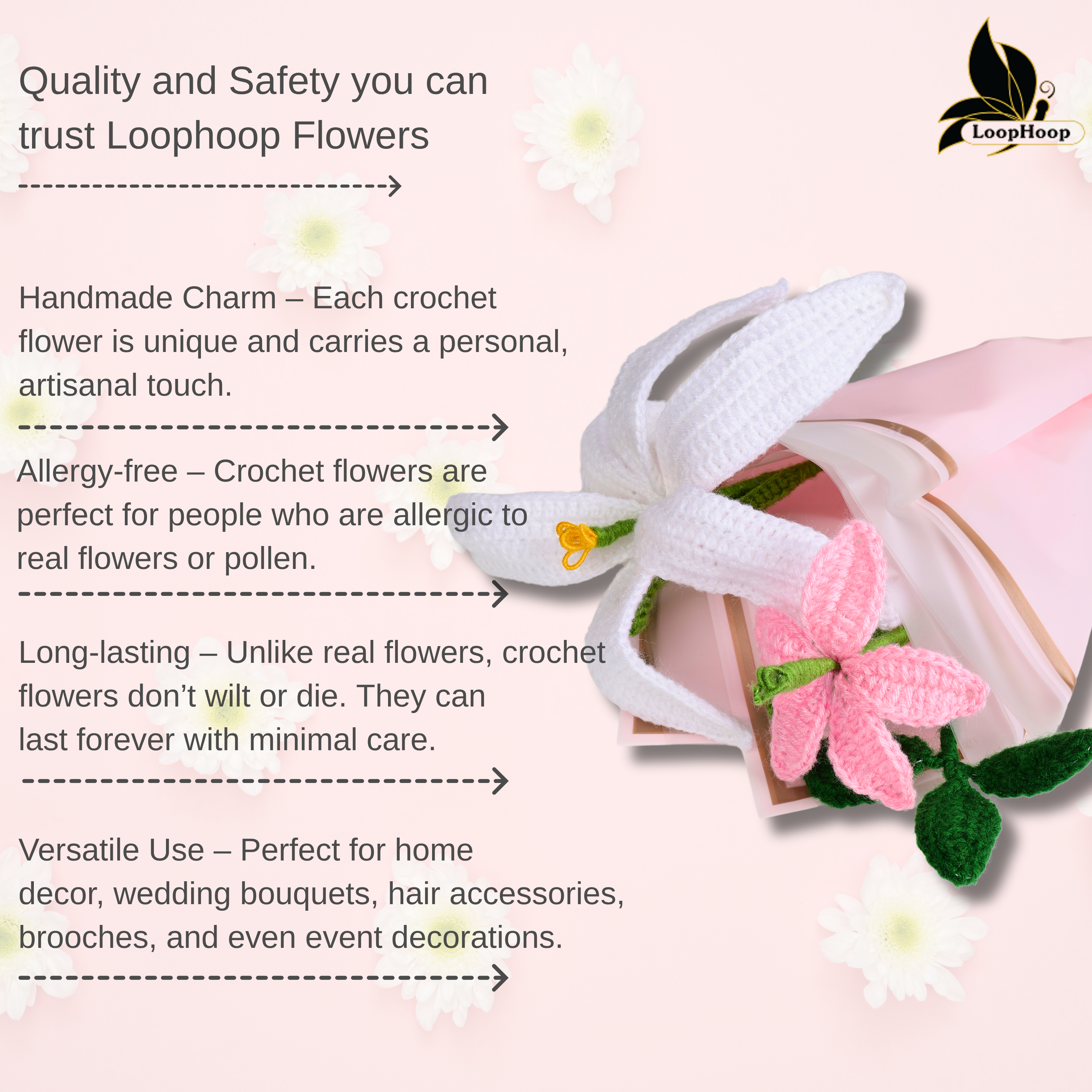 Crochet Handmade White ,pink Lily   Bouquet- 3 steam