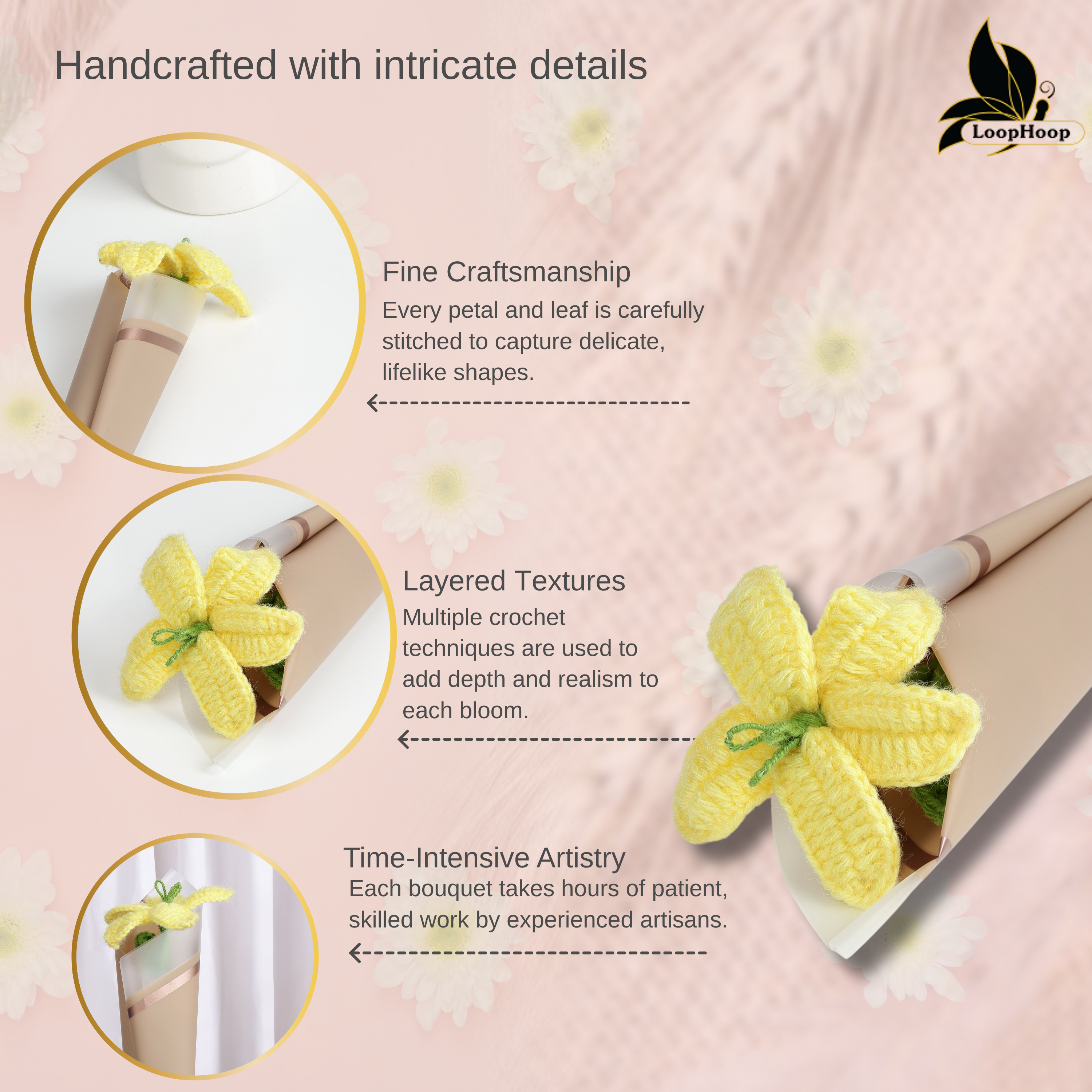 Crochet Handmade Bouquet Yellow Lily - 1 steam