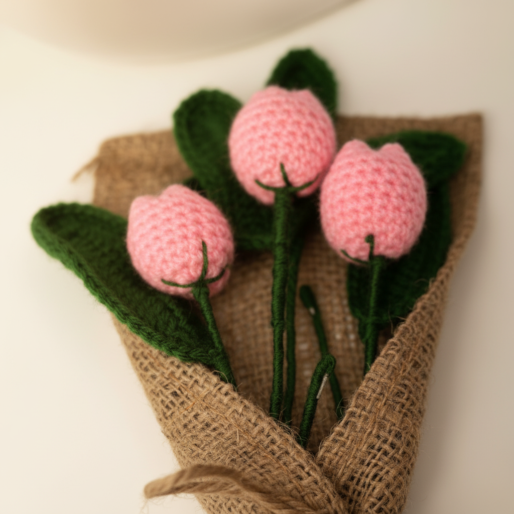 Crochet Handmade Pink Tulip Bouquet- 3 steam