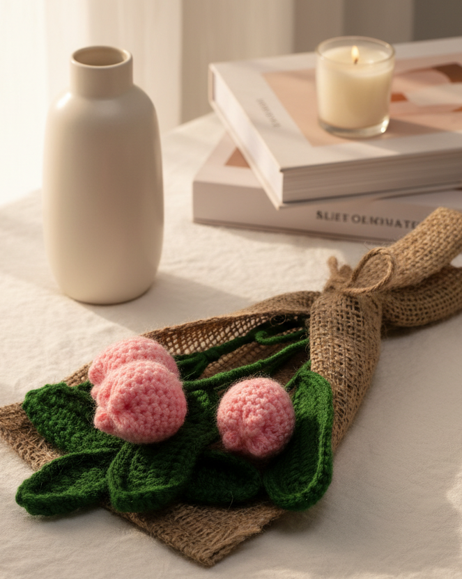 Crochet Handmade Pink Tulip Bouquet- 3 steam