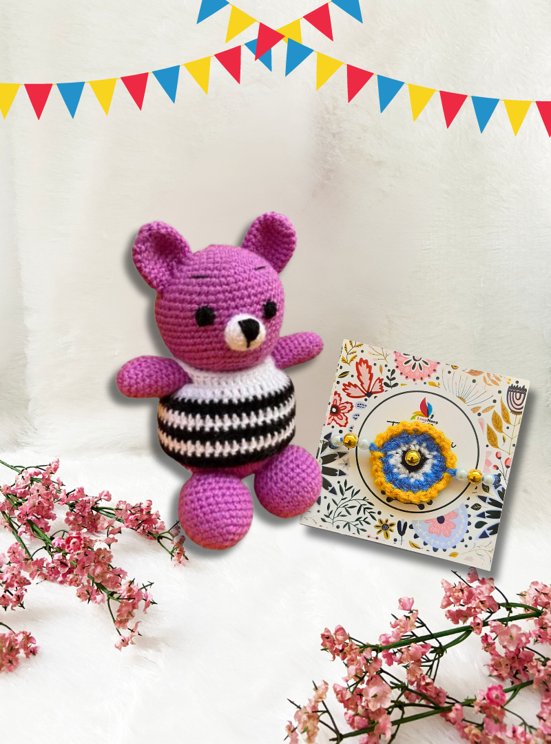 Handmade Crochet Nazaria rakhi and Purple teddy