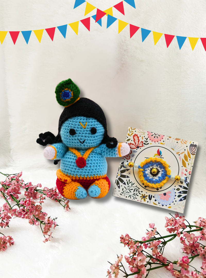 Handmade Crochet Nazaria Rakhi with Ladoo Gopal Toy