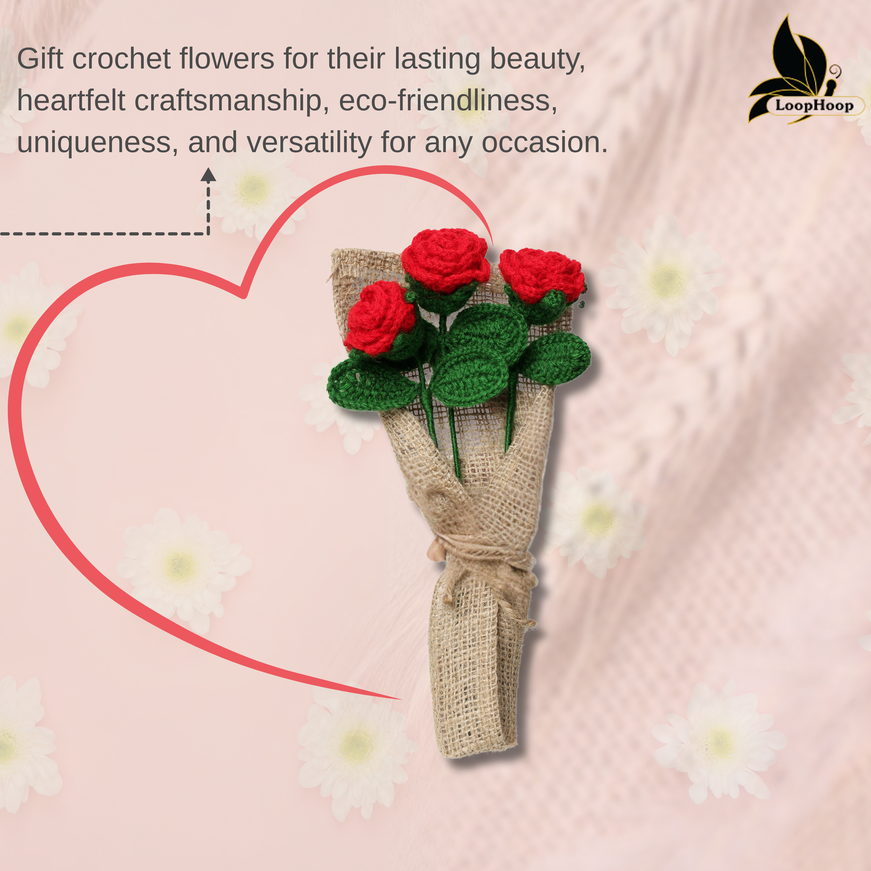 Crochet Handmade Red Rose Bouquet- 3 steam