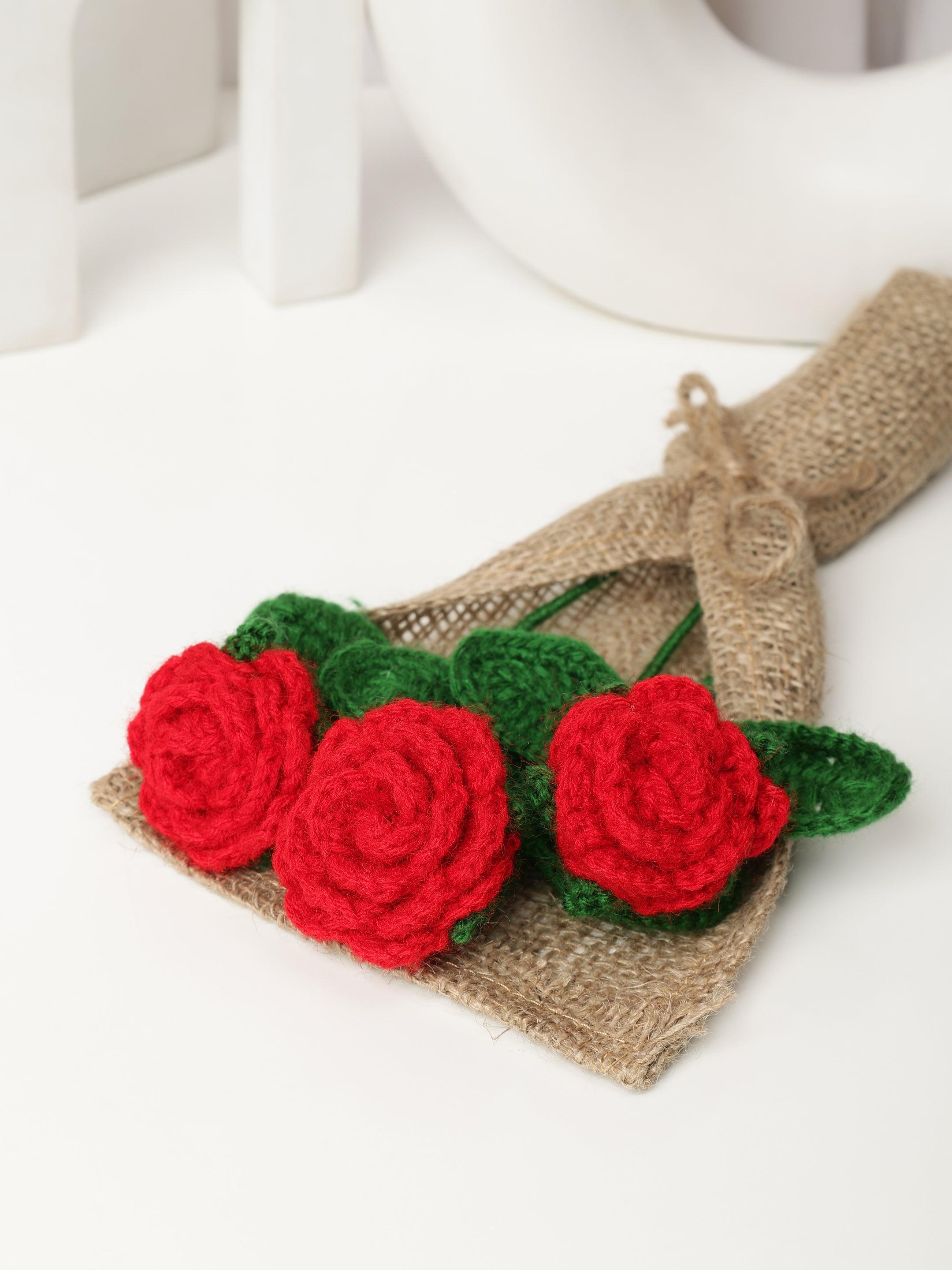 Crochet Handmade Red Rose Bouquet- 3 steam