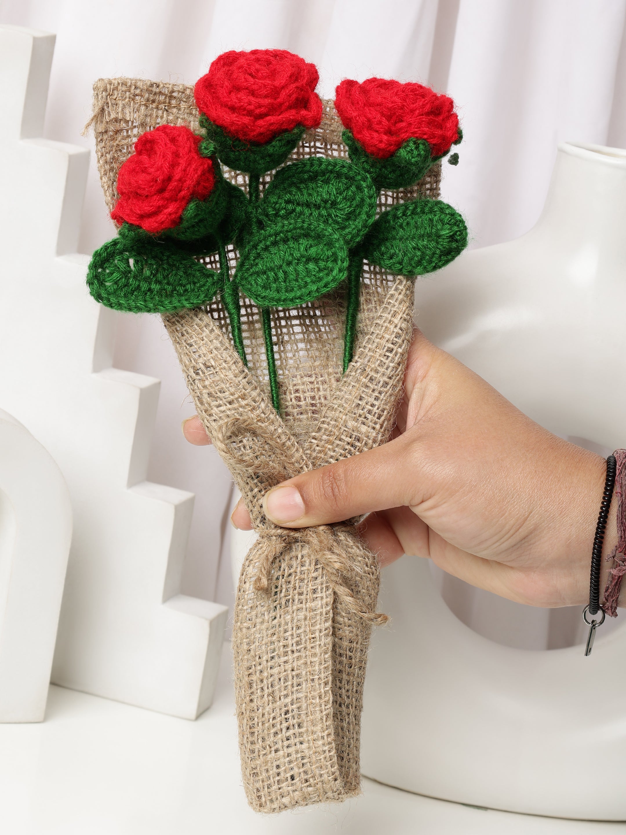 Crochet Handmade Red Rose Bouquet- 3 steam