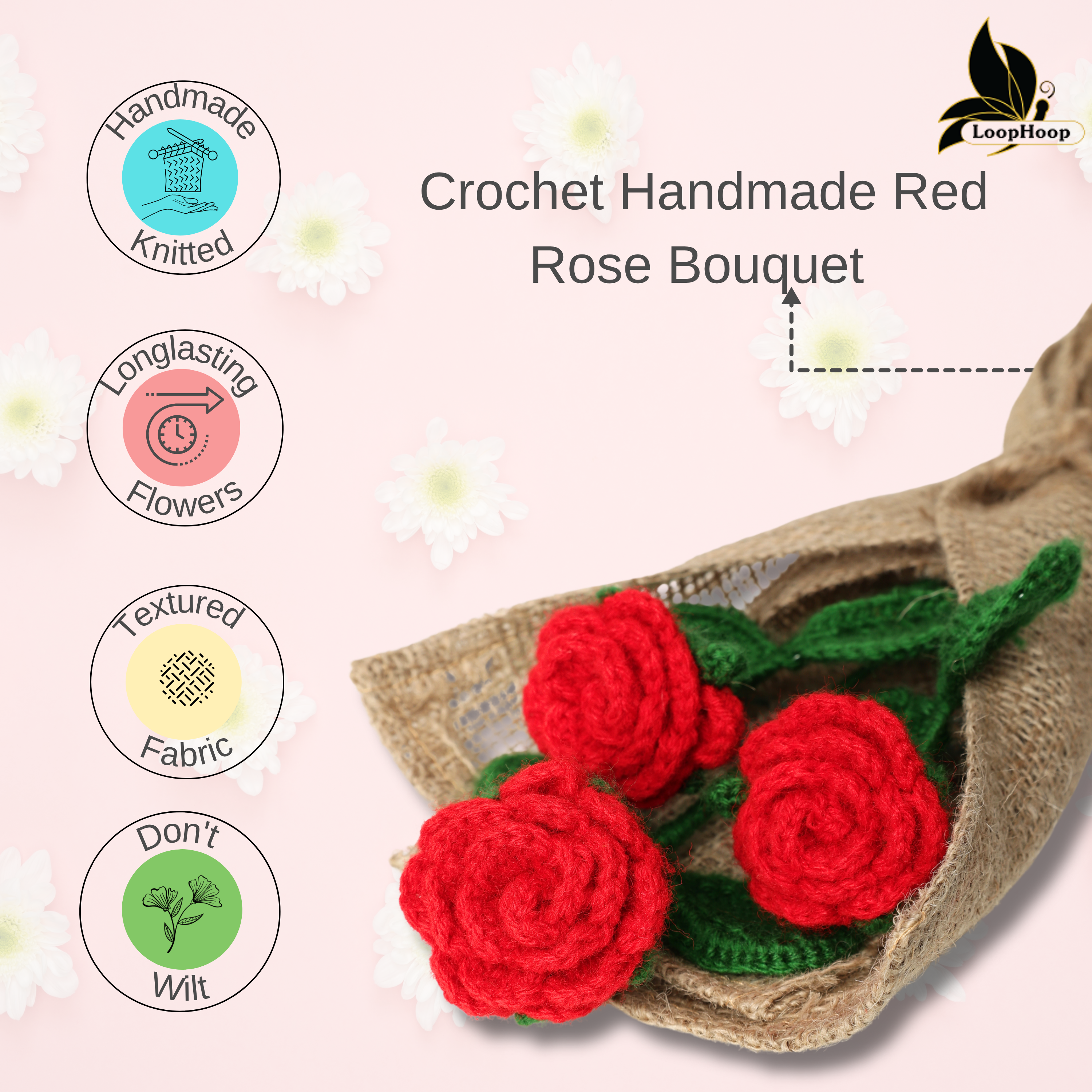 Crochet Handmade Red Rose Bouquet- 3 steam