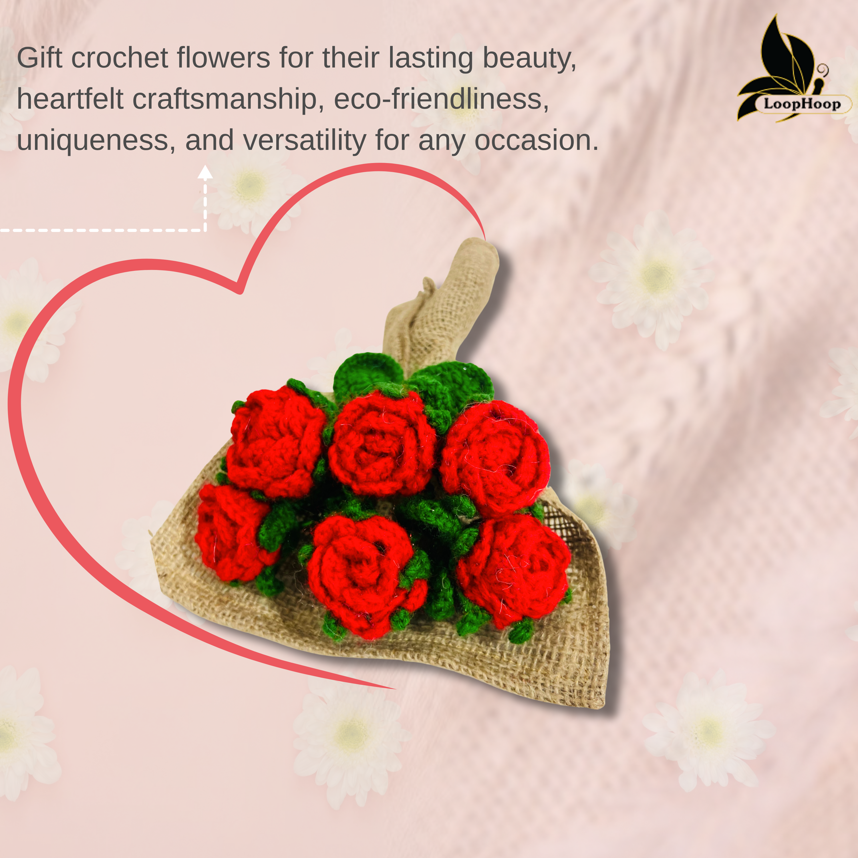 Timeless Passion Handmade Crochet Flower Red Rose Bouquet (6 steams)