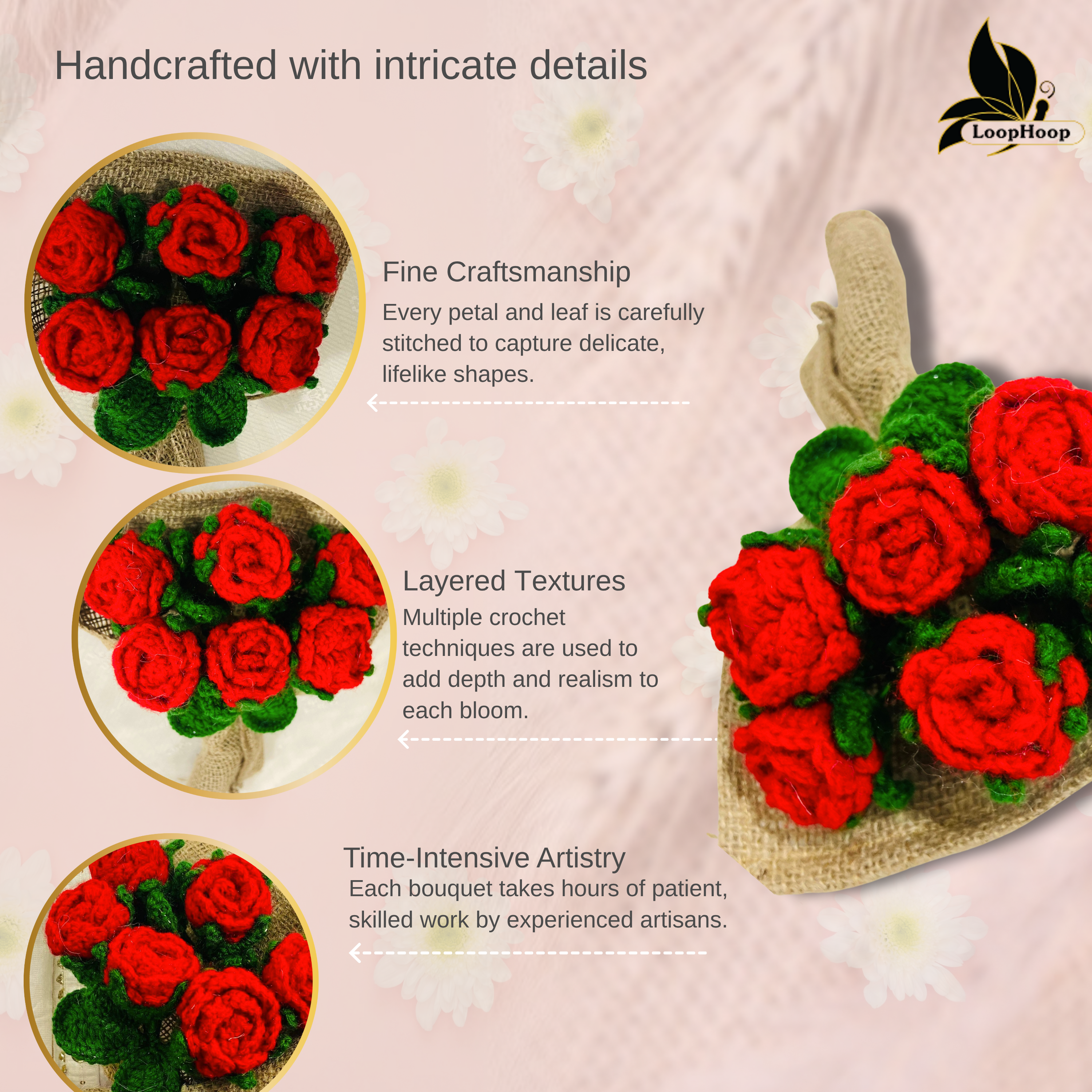 Timeless Passion Handmade Crochet Flower Red Rose Bouquet (6 steams)