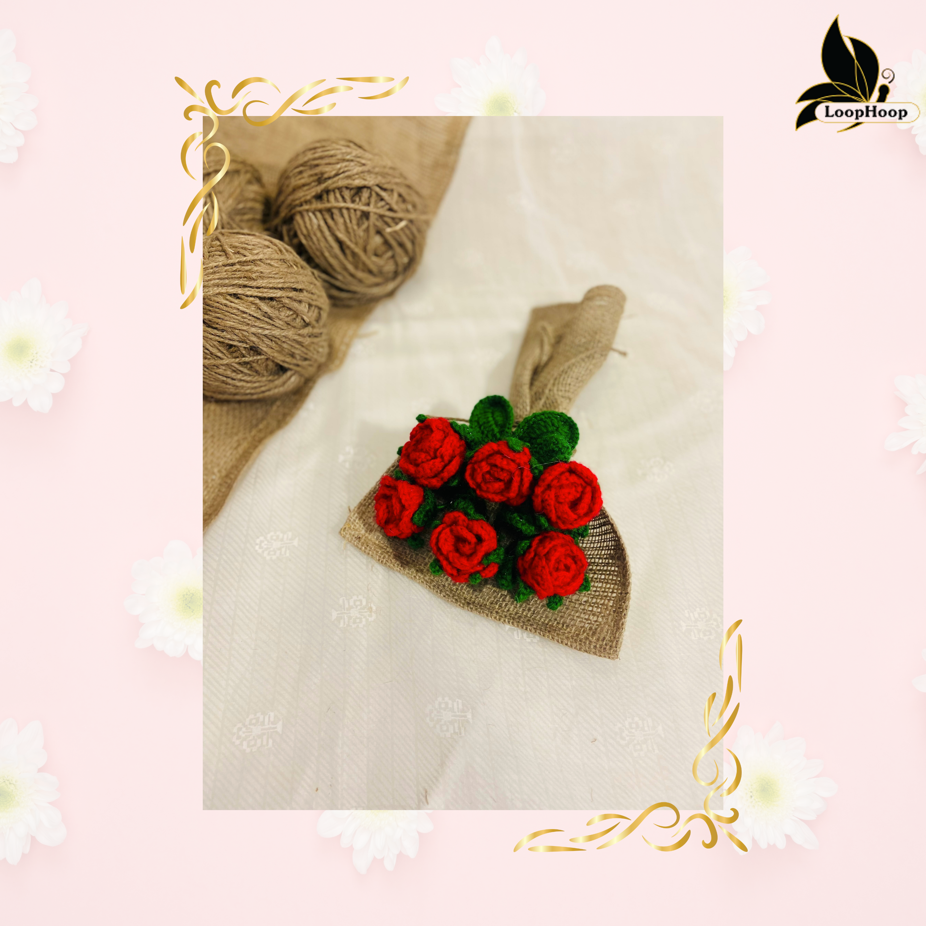Timeless Passion Handmade Crochet Flower Red Rose Bouquet (6 steams)