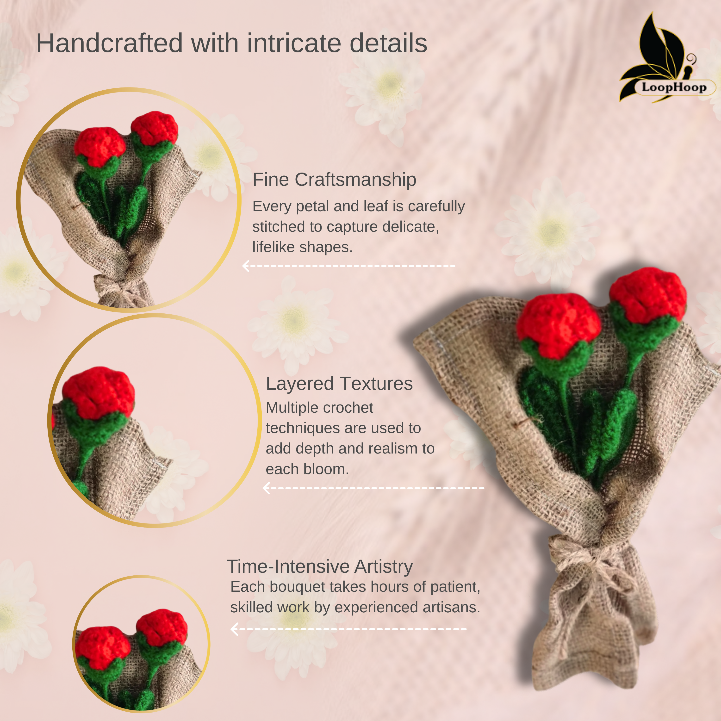 The Majestic Beauty Red Rose Crochet Flower Bouquet (2 steam)