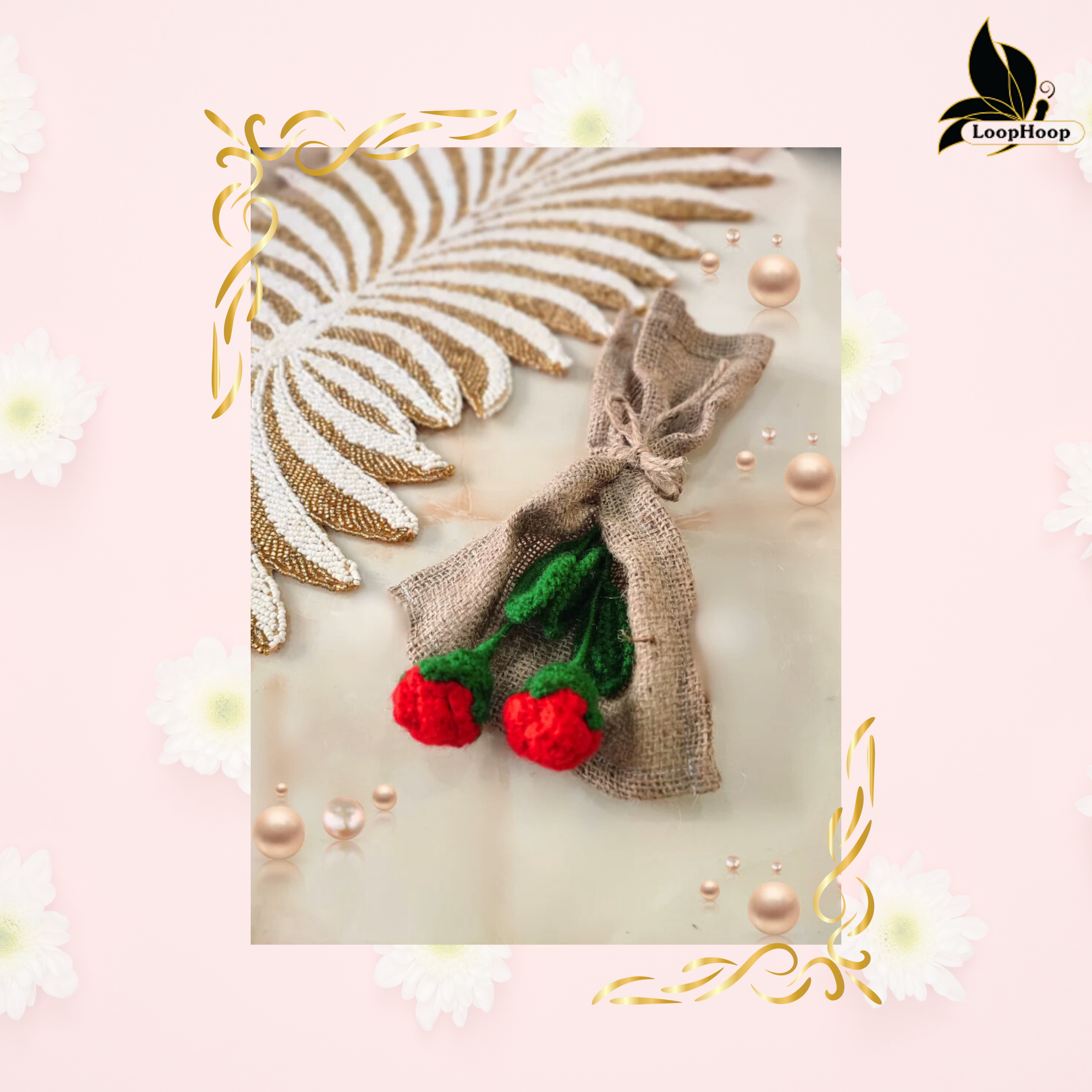 The Majestic Beauty Red Rose Crochet Flower Bouquet (2 steam)