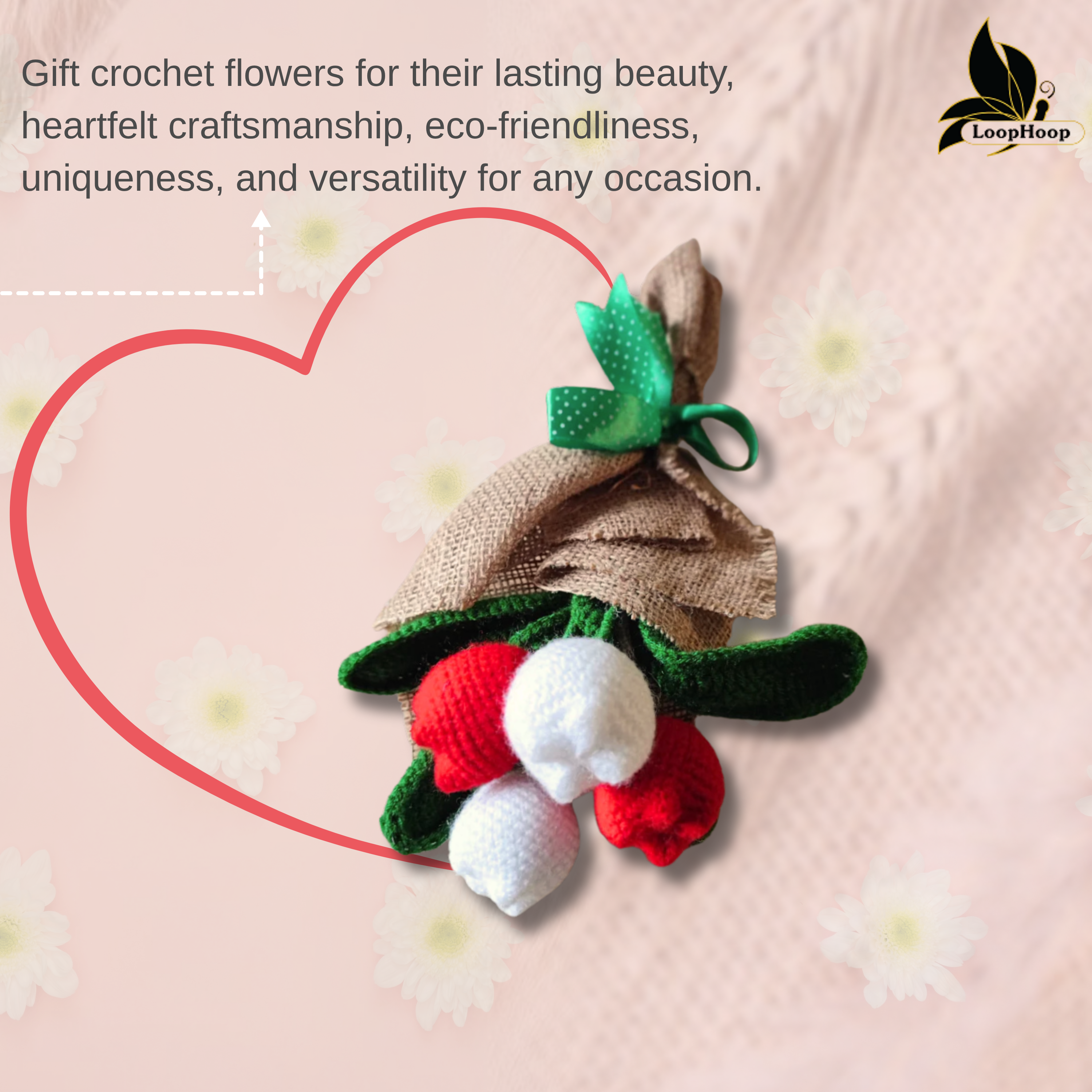 Blushing Ballet Crochet Flower White and Red Tulip Bouquet