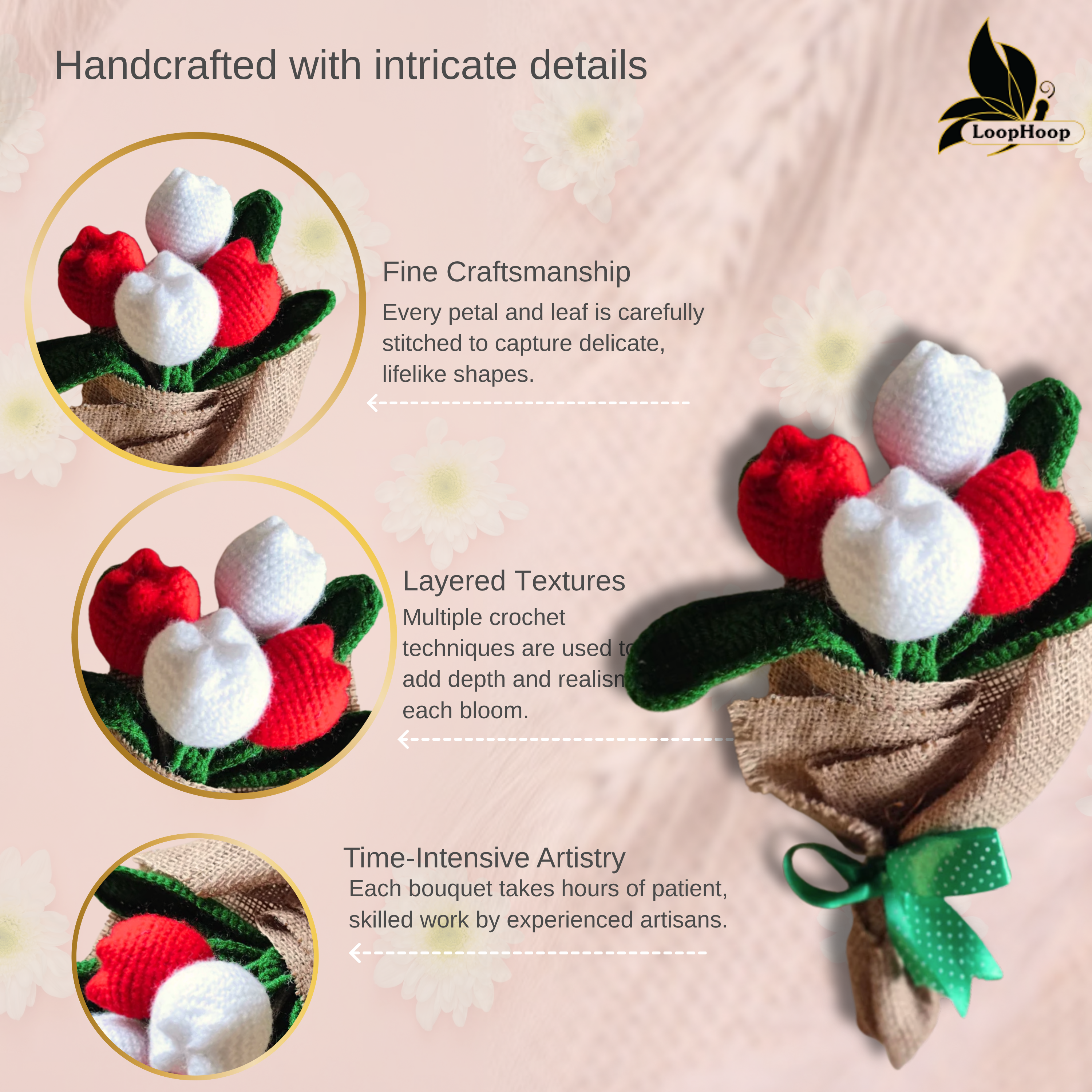 Blushing Ballet Crochet Flower White and Red Tulip Bouquet