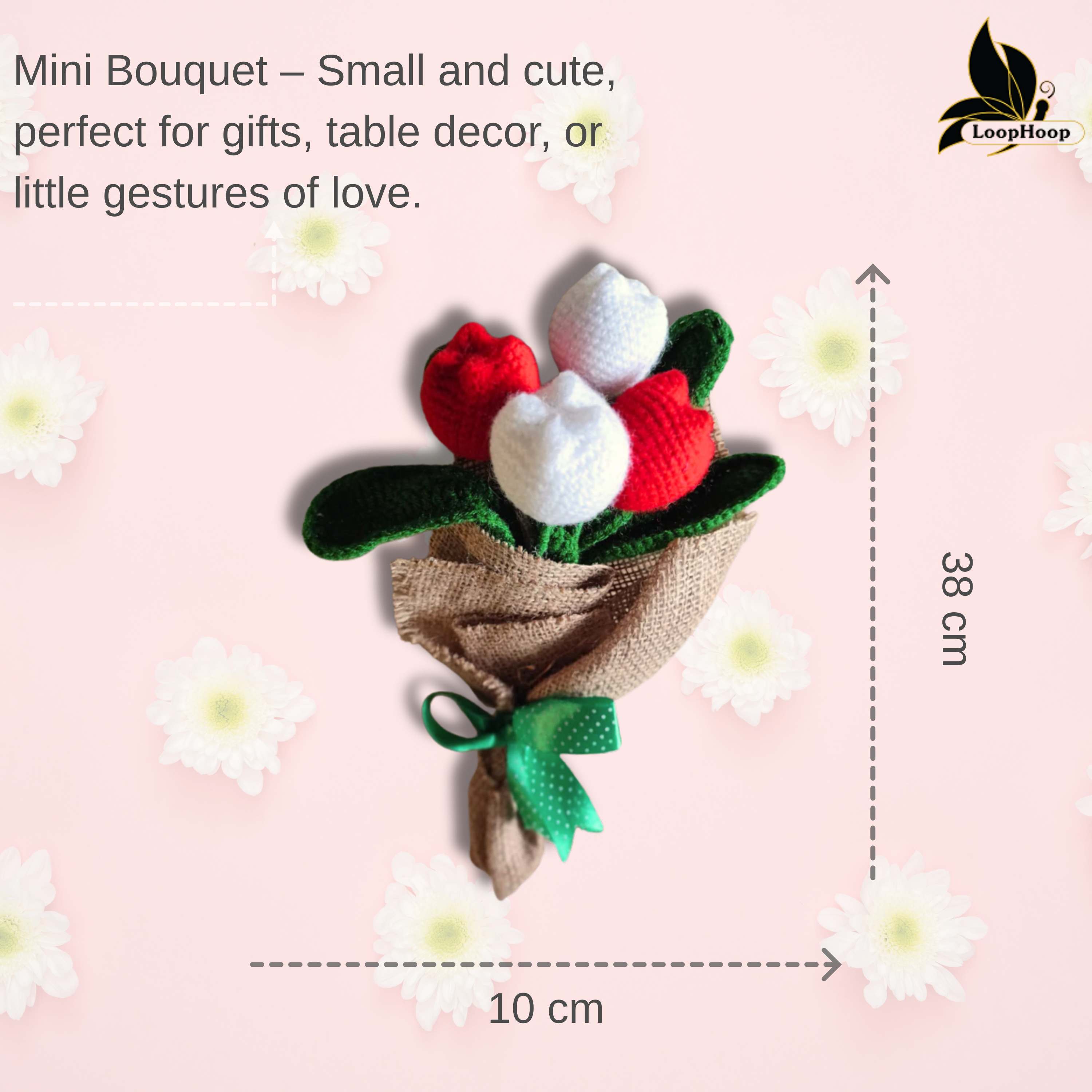 Blushing Ballet Crochet Flower White and Red Tulip Bouquet