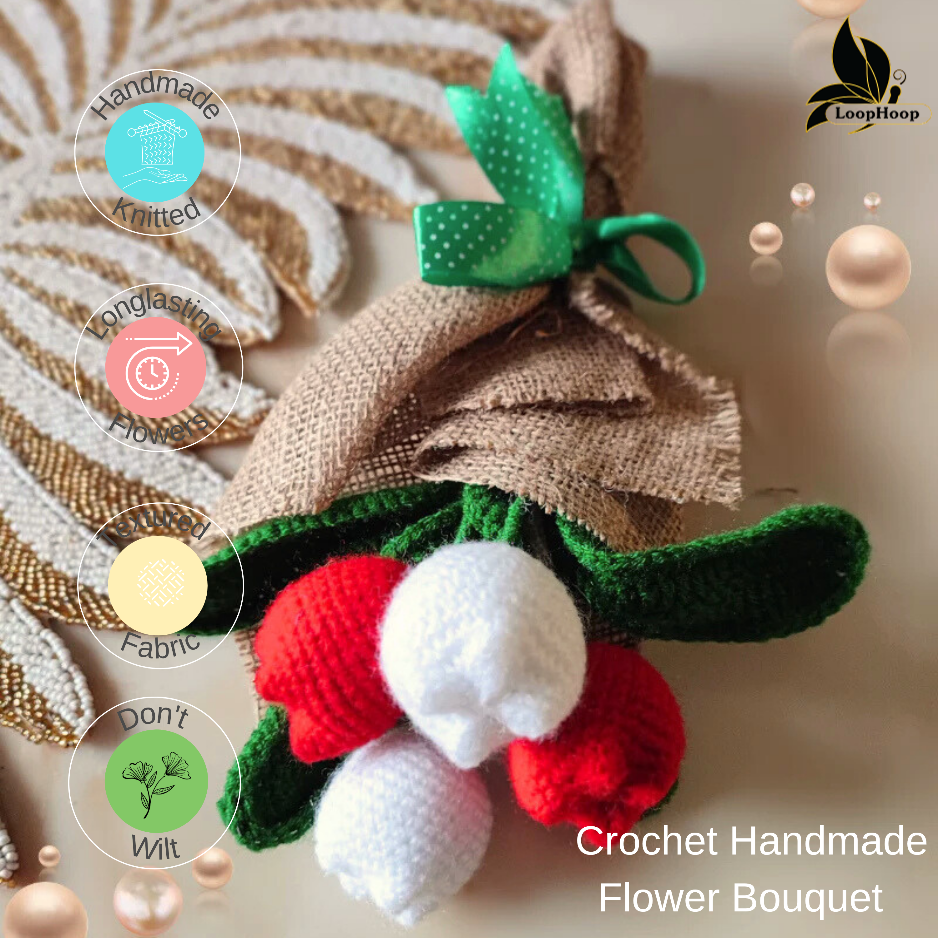 Blushing Ballet Crochet Flower White and Red Tulip Bouquet