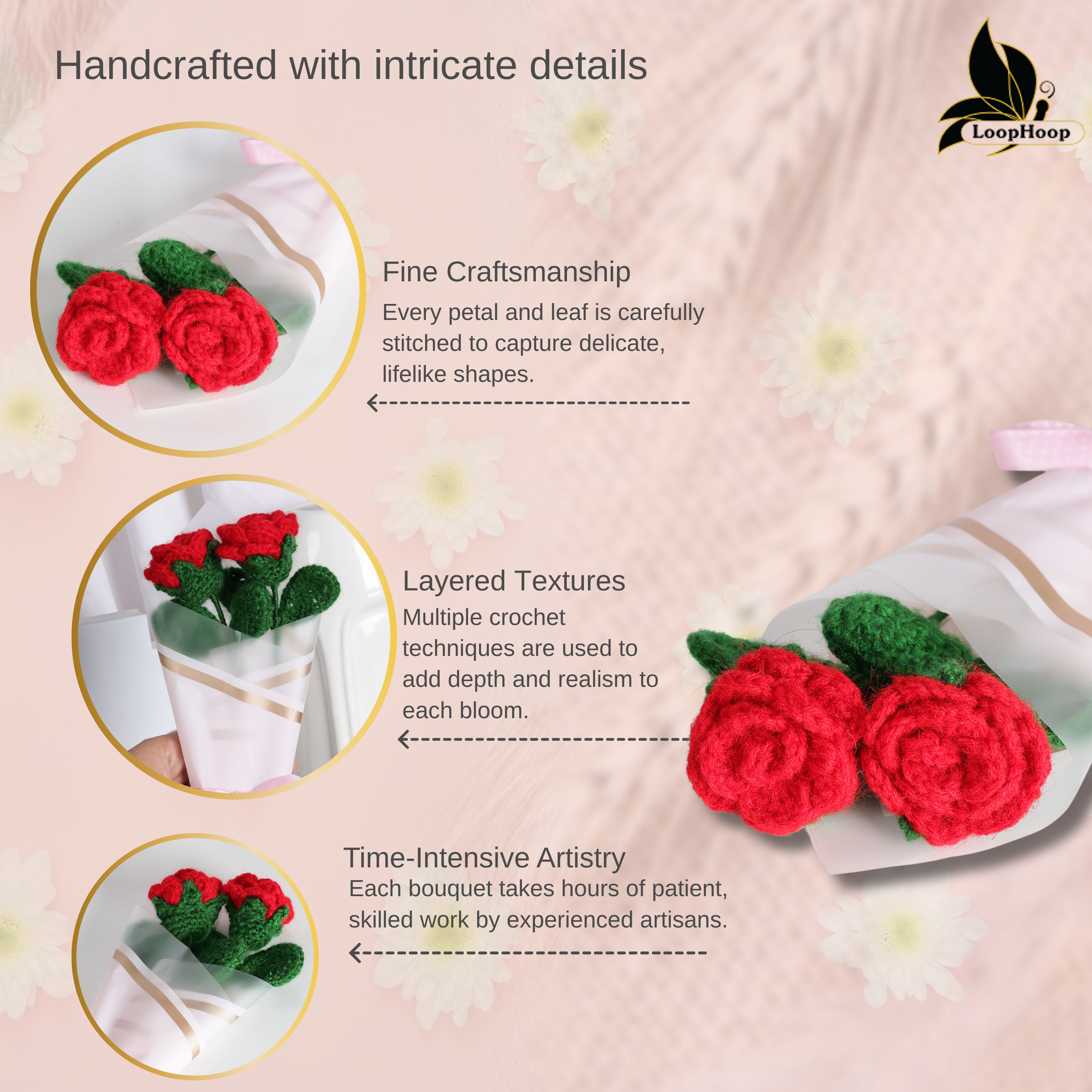 Crochet Handmade Red Rose Bouquet- 2 steam