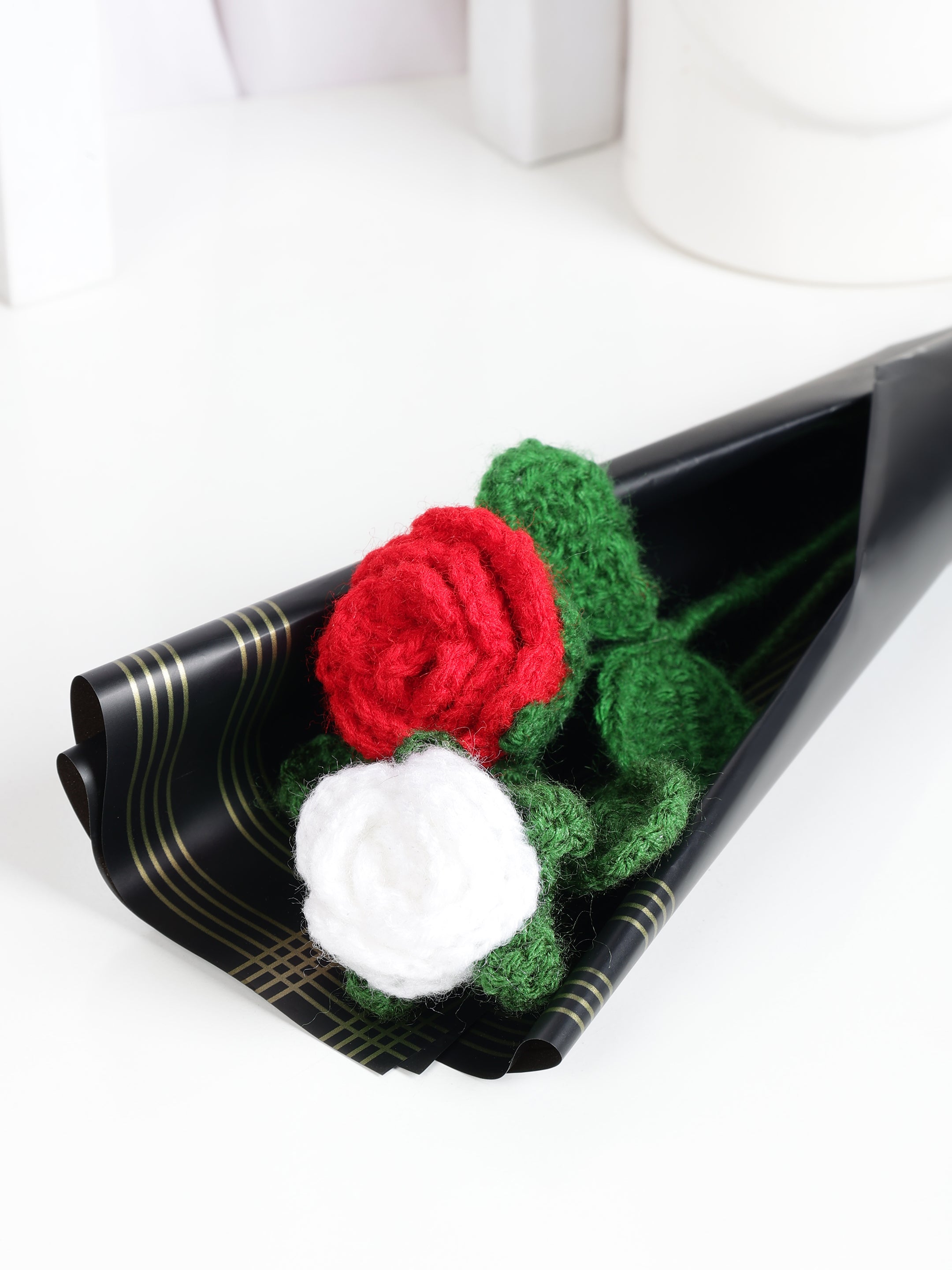 Crochet Handmade Red Rose White Rose Bouquet- 2 steam