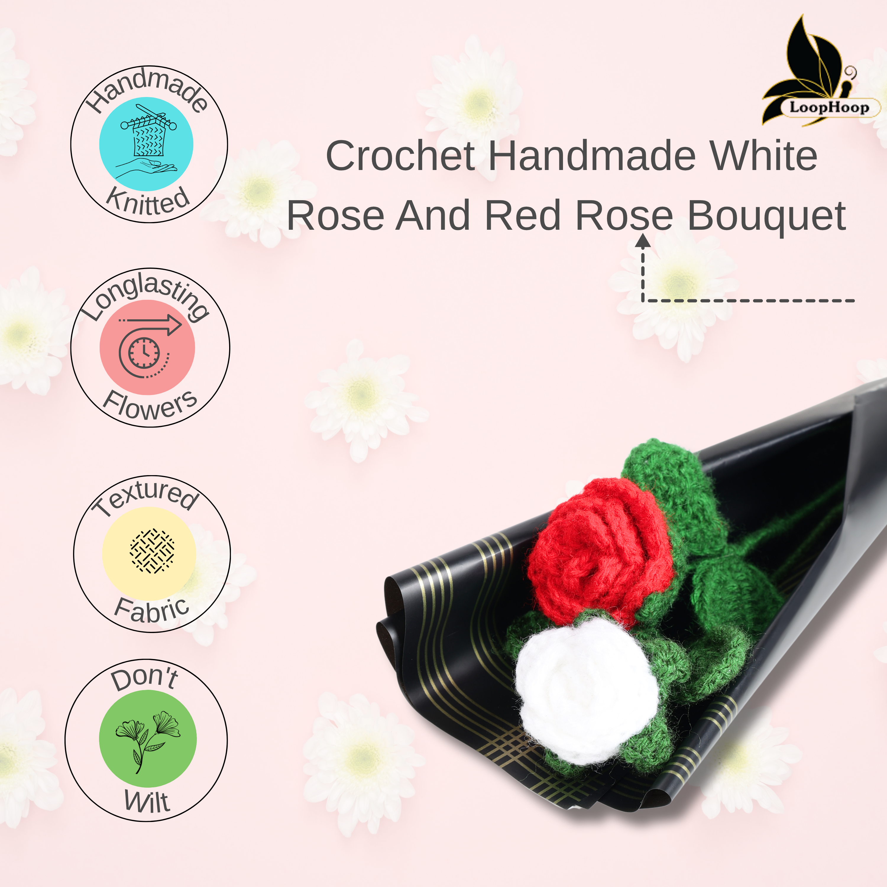 Crochet Handmade Red Rose White Rose Bouquet- 2 steam