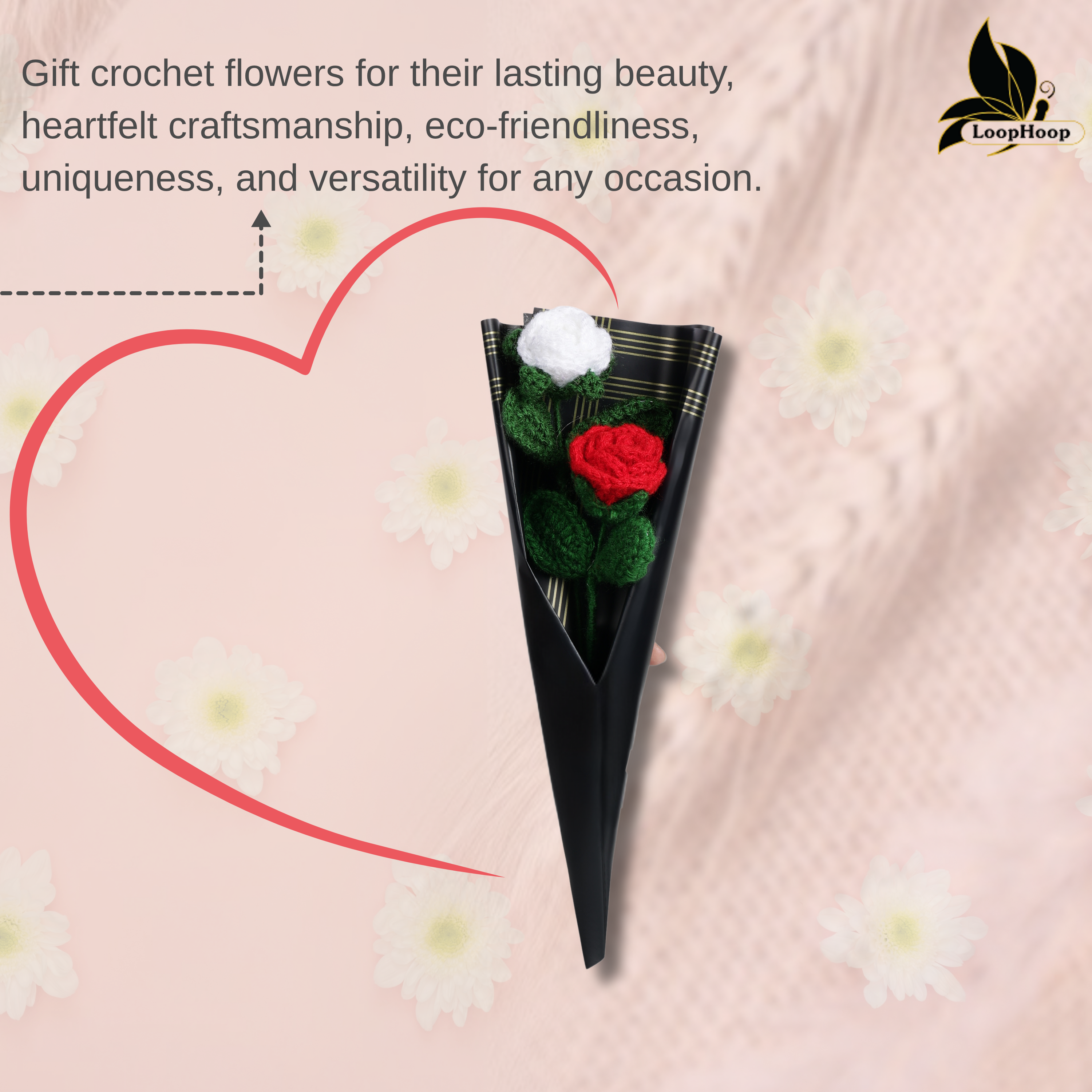 Crochet Handmade Red Rose White Rose Bouquet- 2 steam