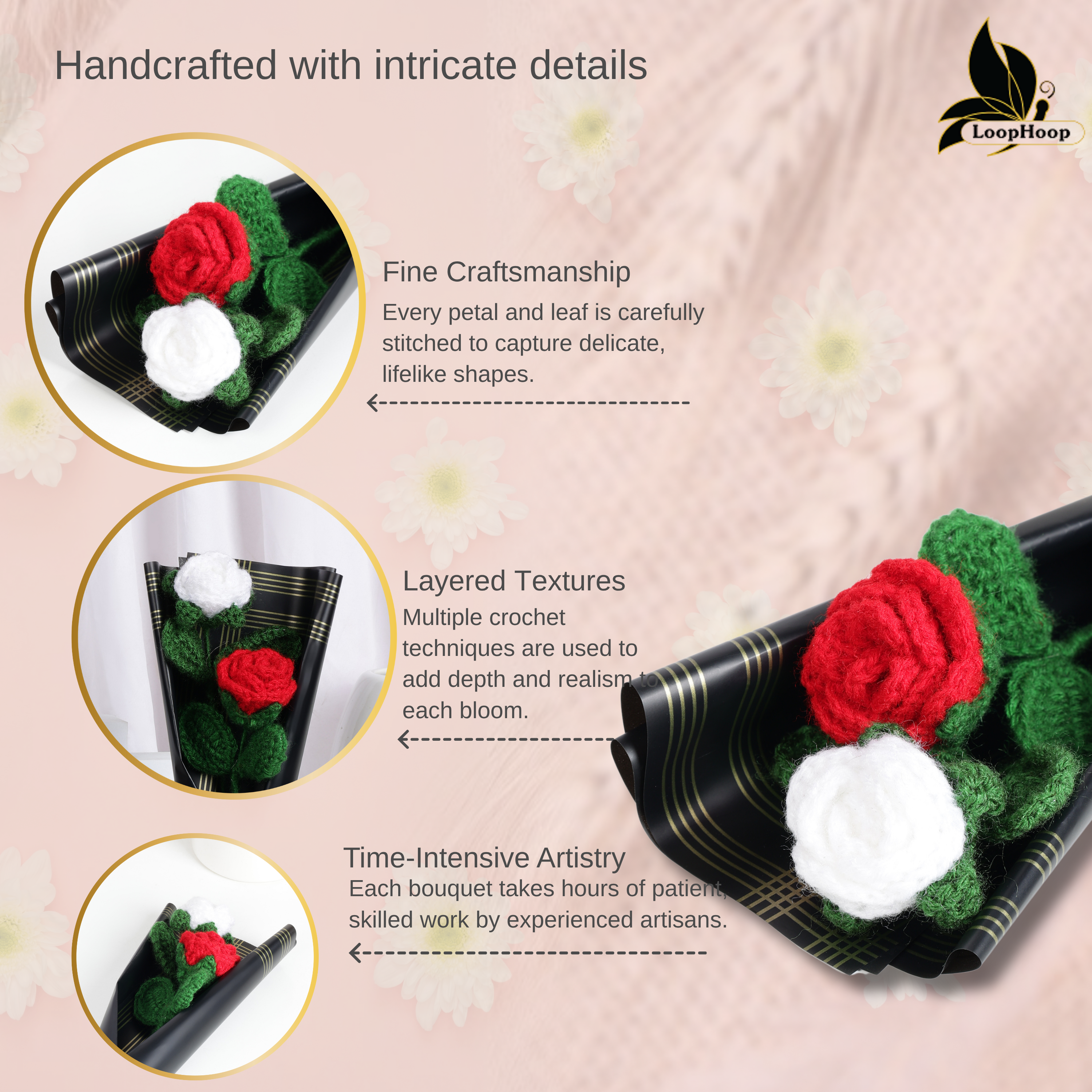 Crochet Handmade Red Rose White Rose Bouquet- 2 steam