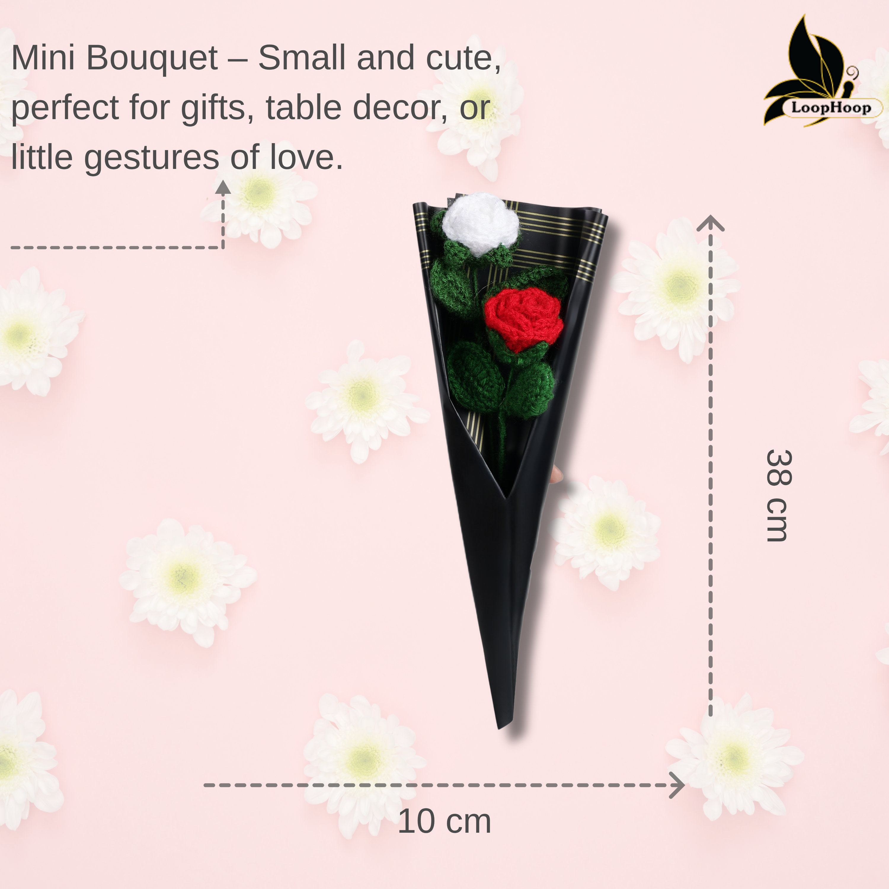 Crochet Handmade Red Rose White Rose Bouquet- 2 steam