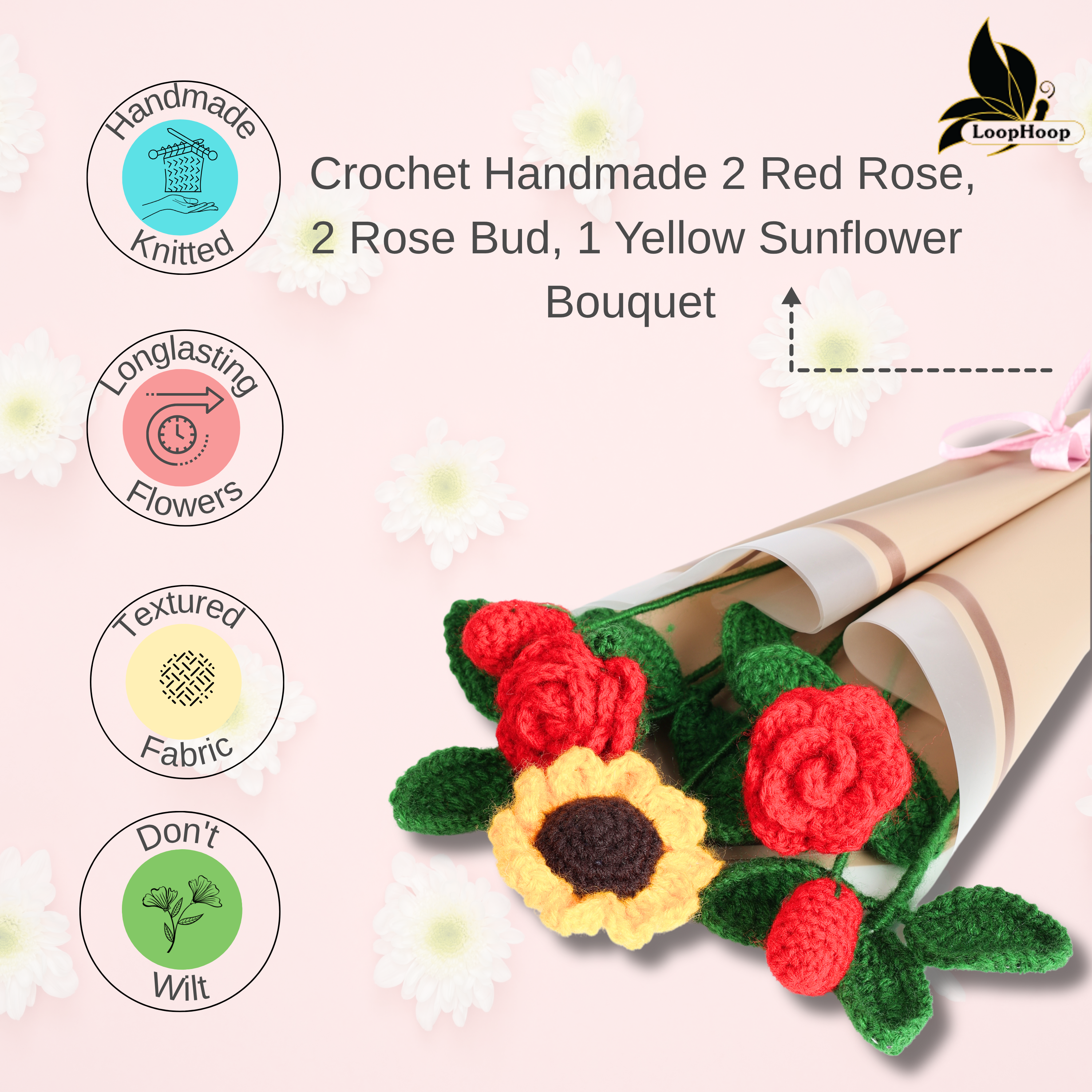 Crochet Handmade Red Rose Mix Bouquet - 7 steam