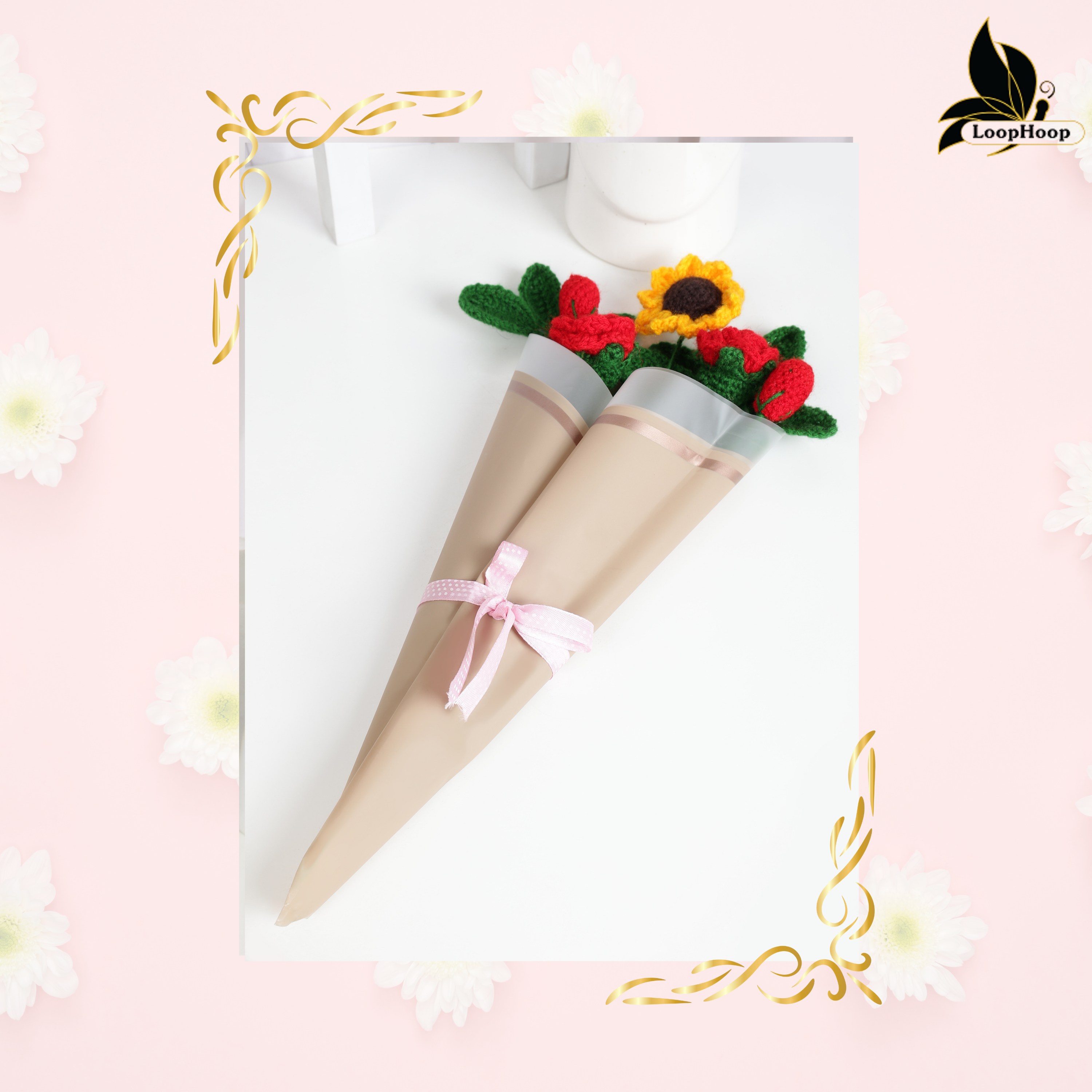 Crochet Handmade Red Rose Mix Bouquet - 7 steam