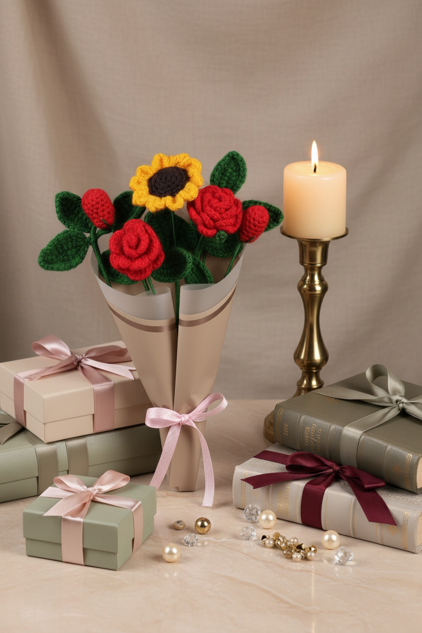 Crochet Handmade Red Rose Mix Bouquet - 7 steam