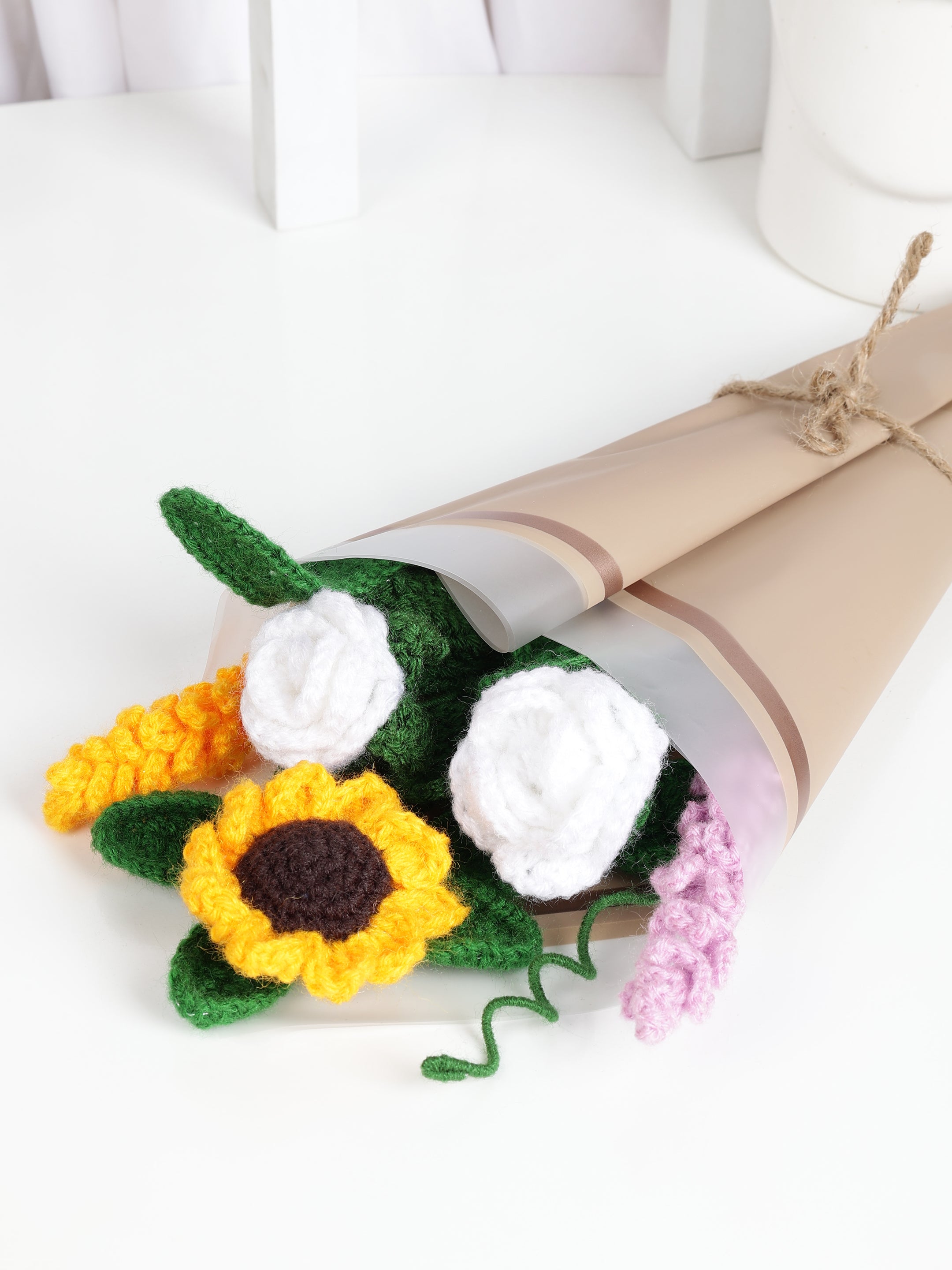 Crochet Handmade White  Rose And Lavender  Bouquet- 5 steam