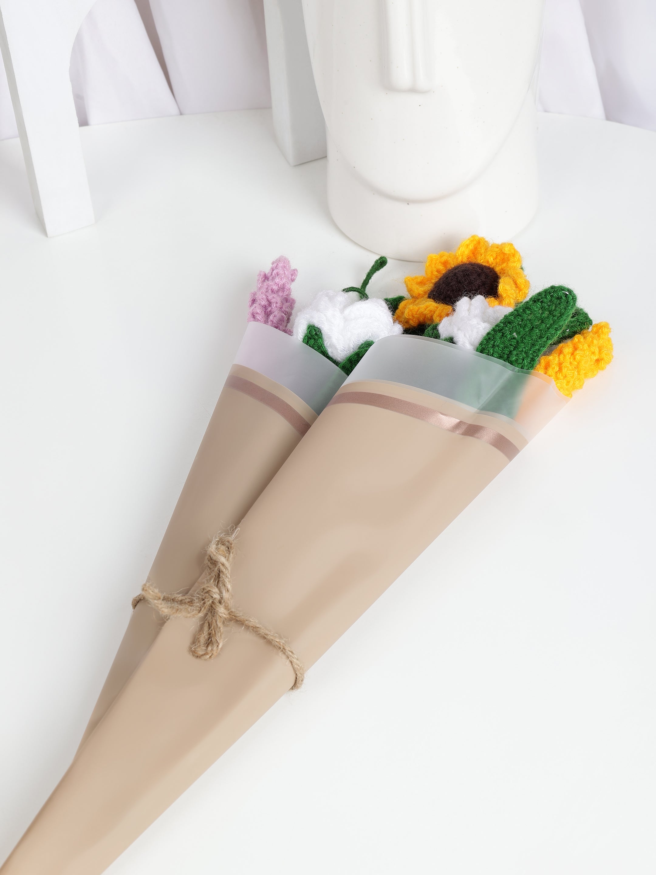 Crochet Handmade White  Rose And Lavender  Bouquet- 5 steam