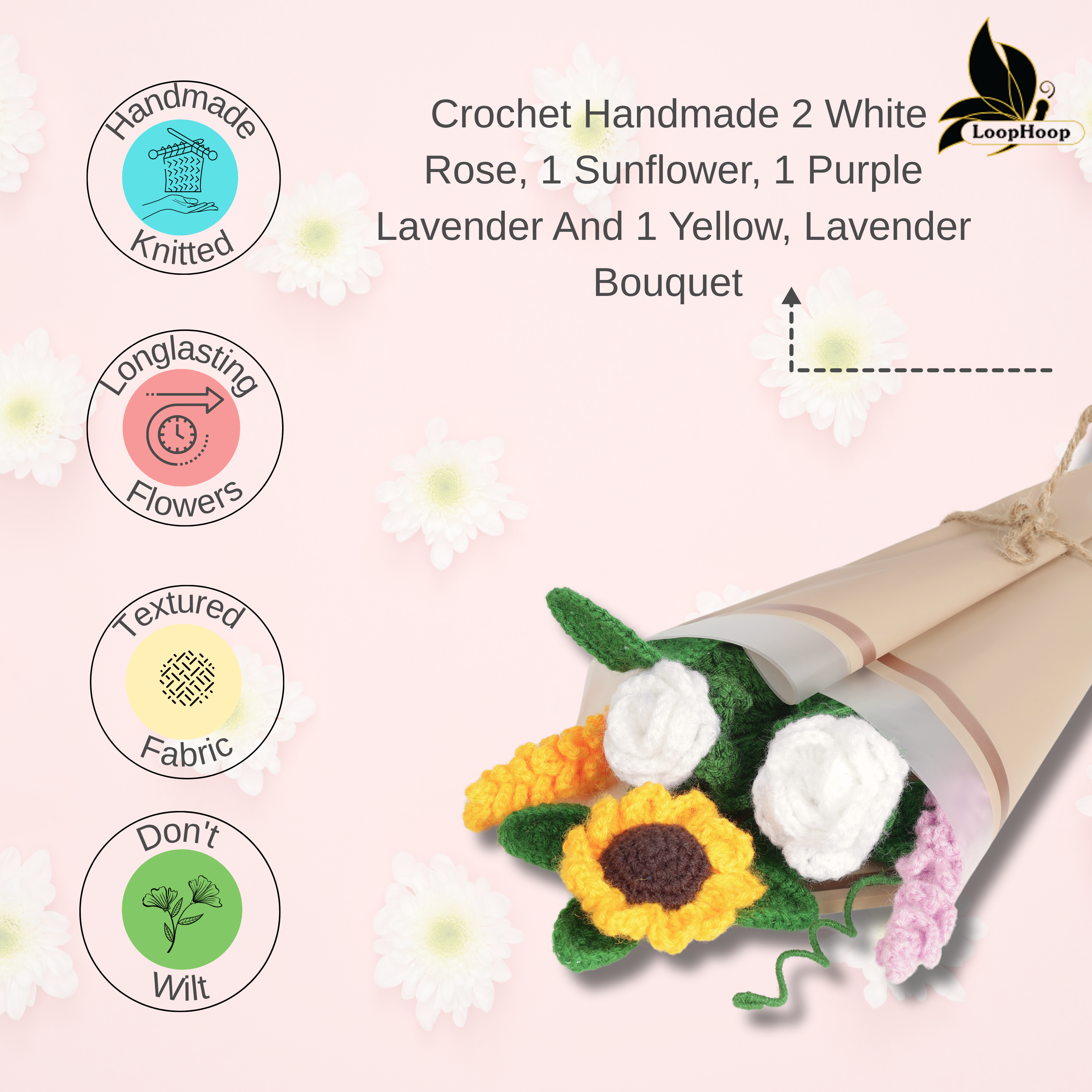 Crochet Handmade White  Rose And Lavender  Bouquet- 5 steam