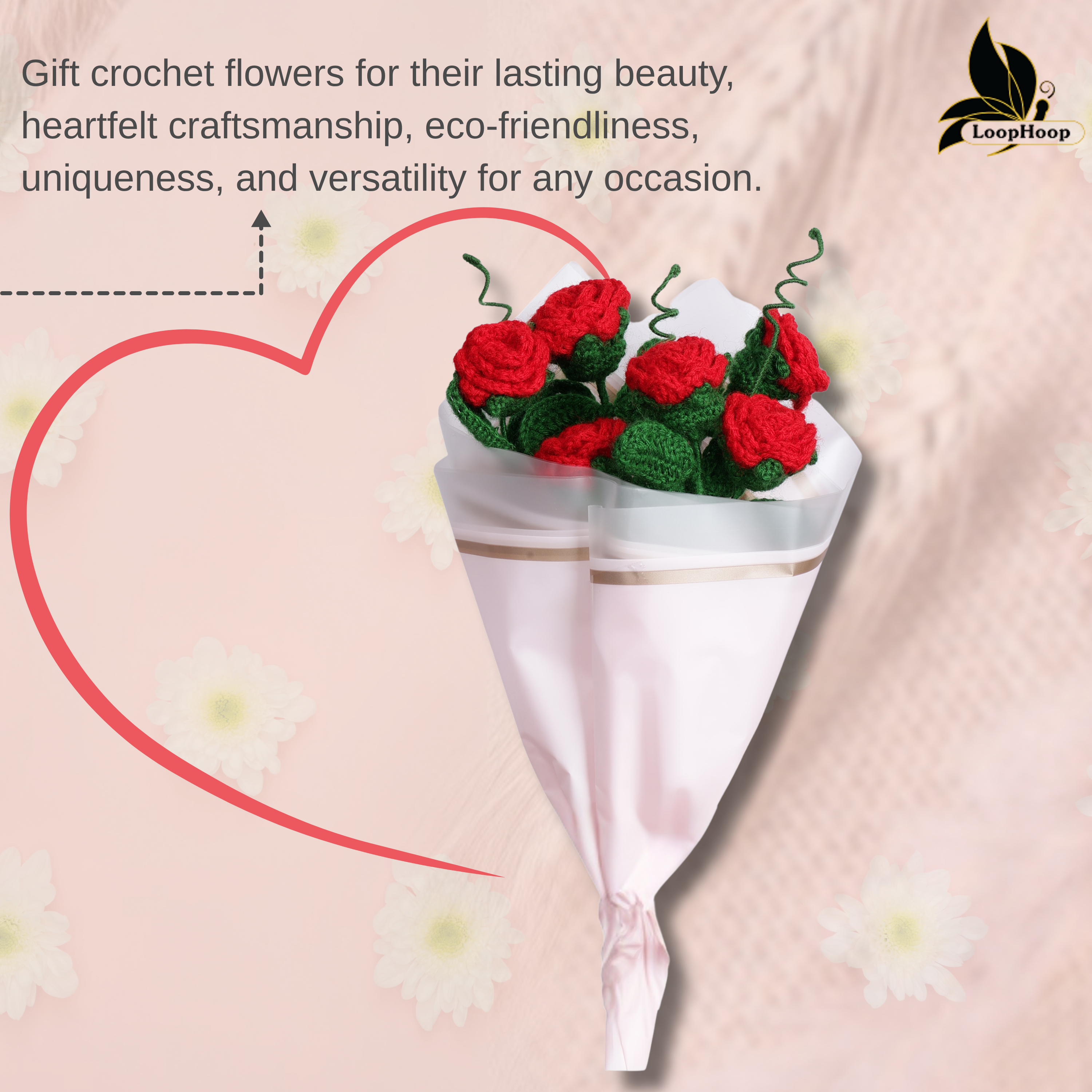 Crochet Handmade Red Rose - 6 steam