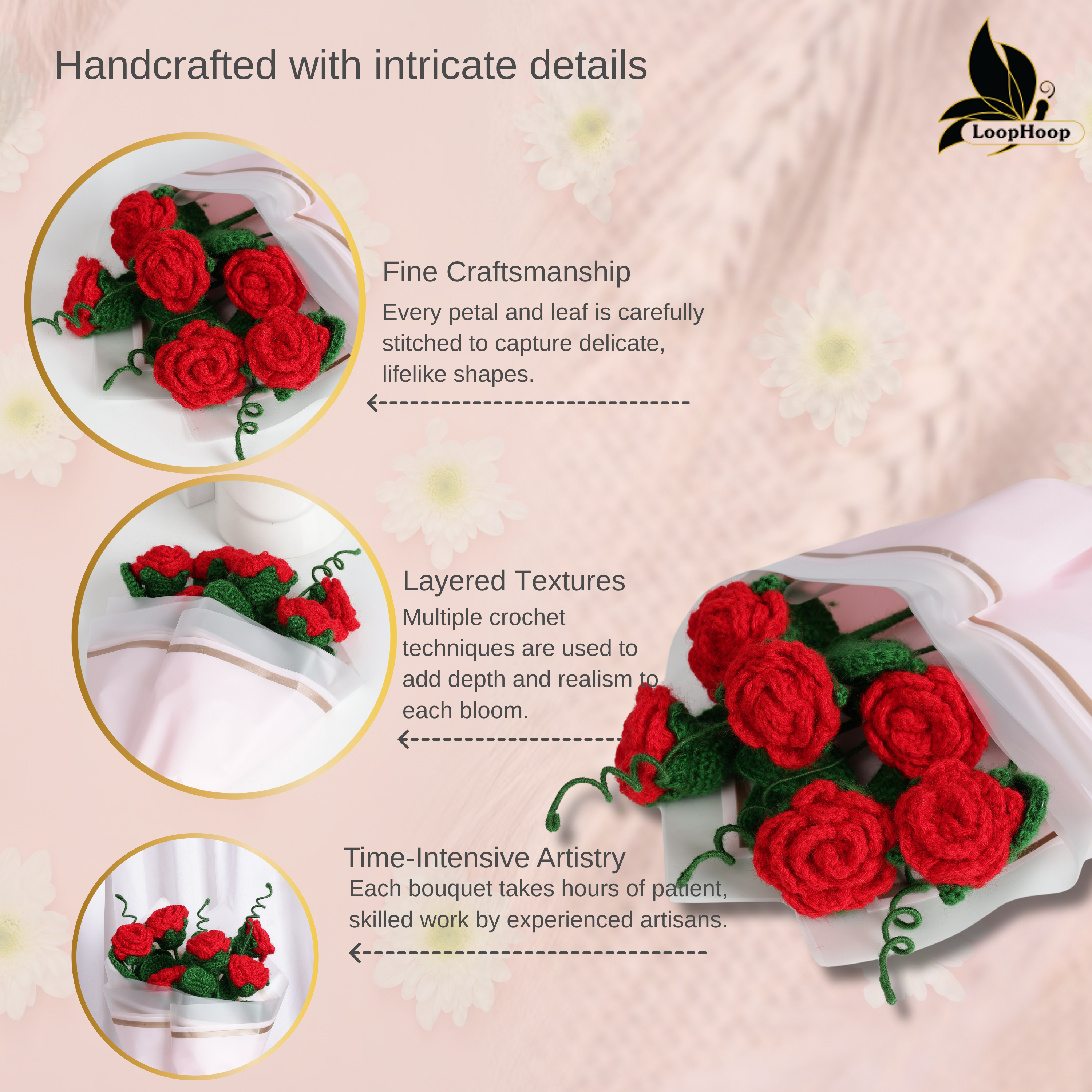Crochet Handmade Red Rose - 6 steam
