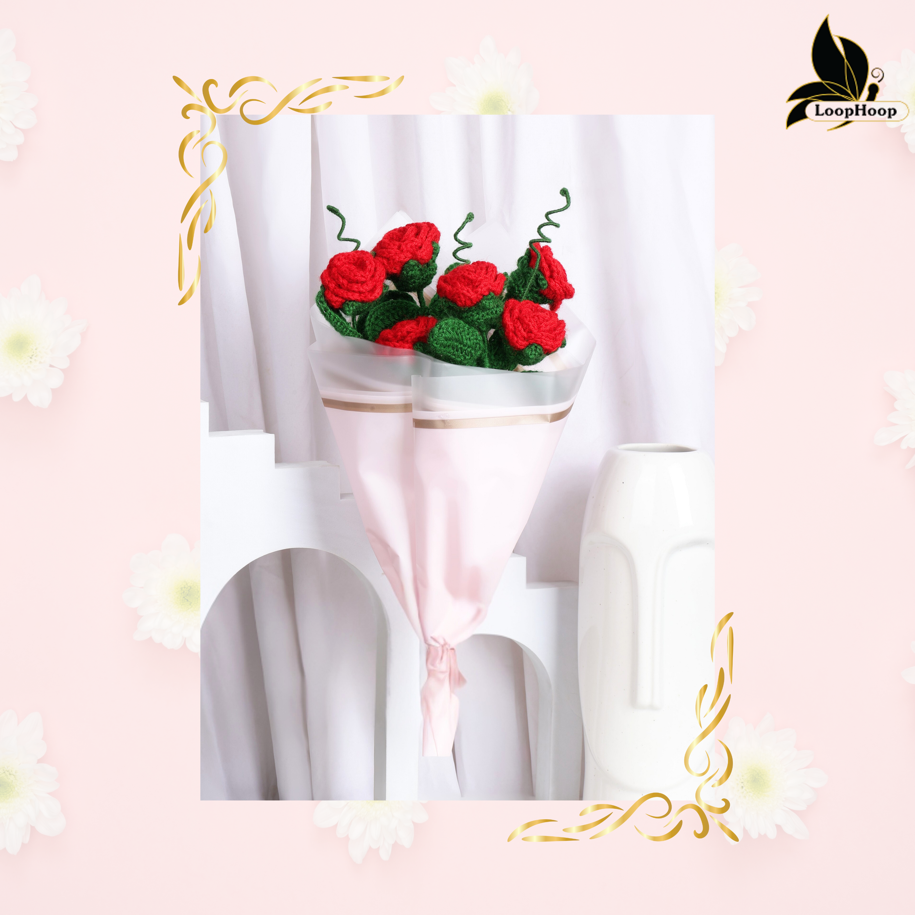 Crochet Handmade Red Rose - 6 steam