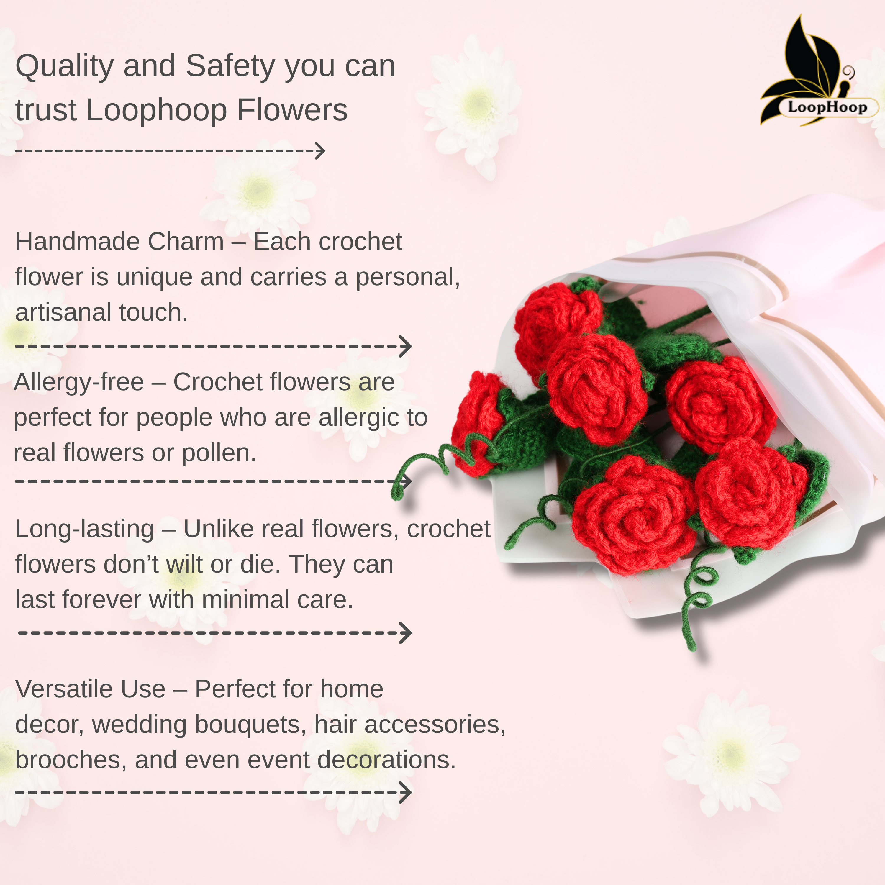 Crochet Handmade Red Rose - 6 steam