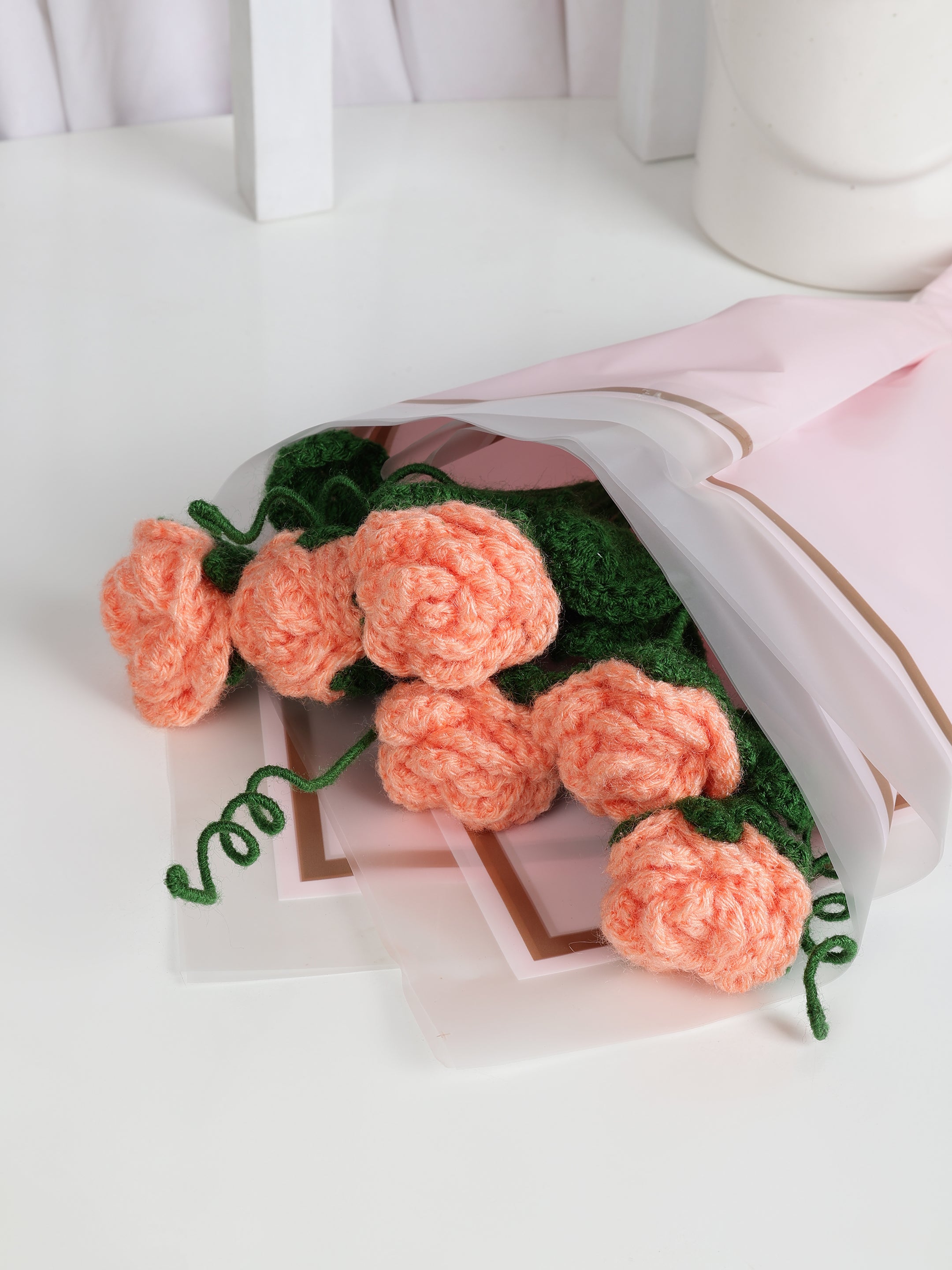 Crochet Handmade Peach Rose Bouquet- 6 steam