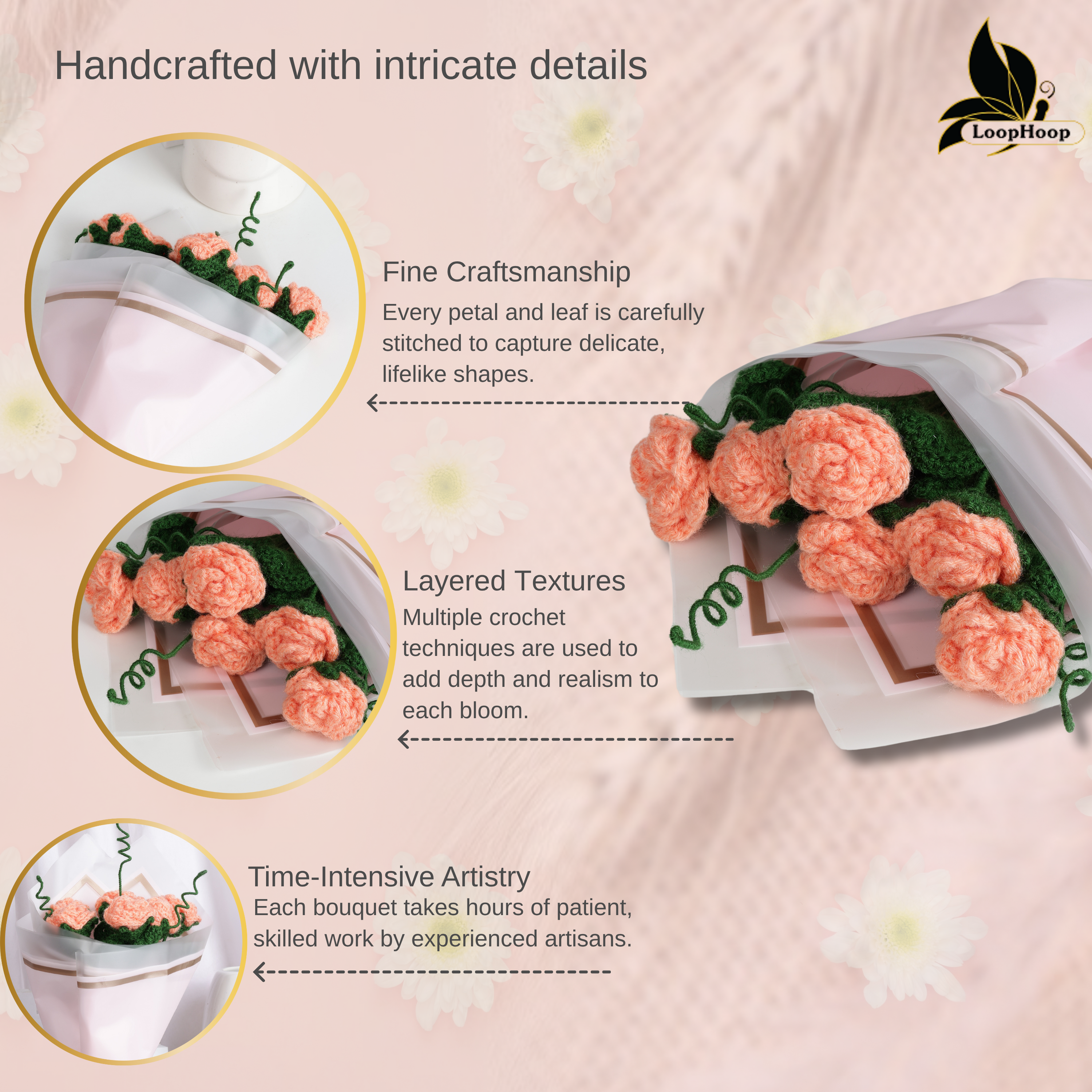 Crochet Handmade Peach Rose Bouquet- 6 steam